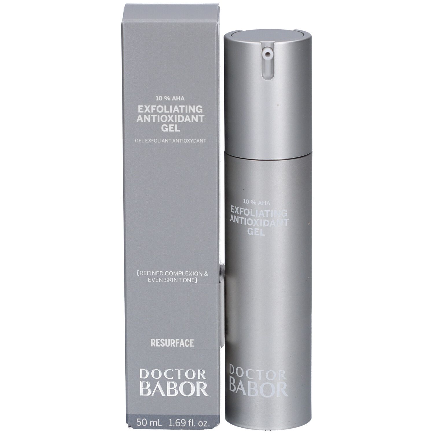 Flacon et boîte. Inscription 'Exfoliating Antioxidant Gel' et 'Doctor Babor'.