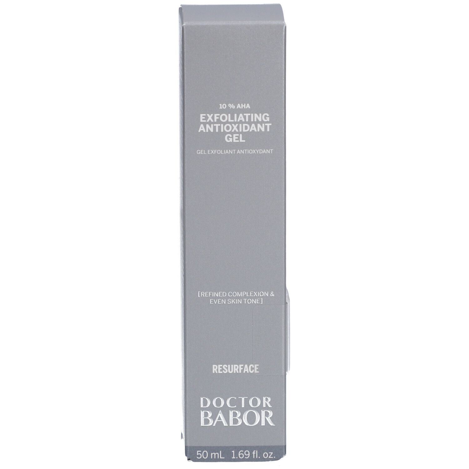 Boîte grise avec texte, dont 'Exfoliating Antioxidant Gel' et 'Doctor Babor'.