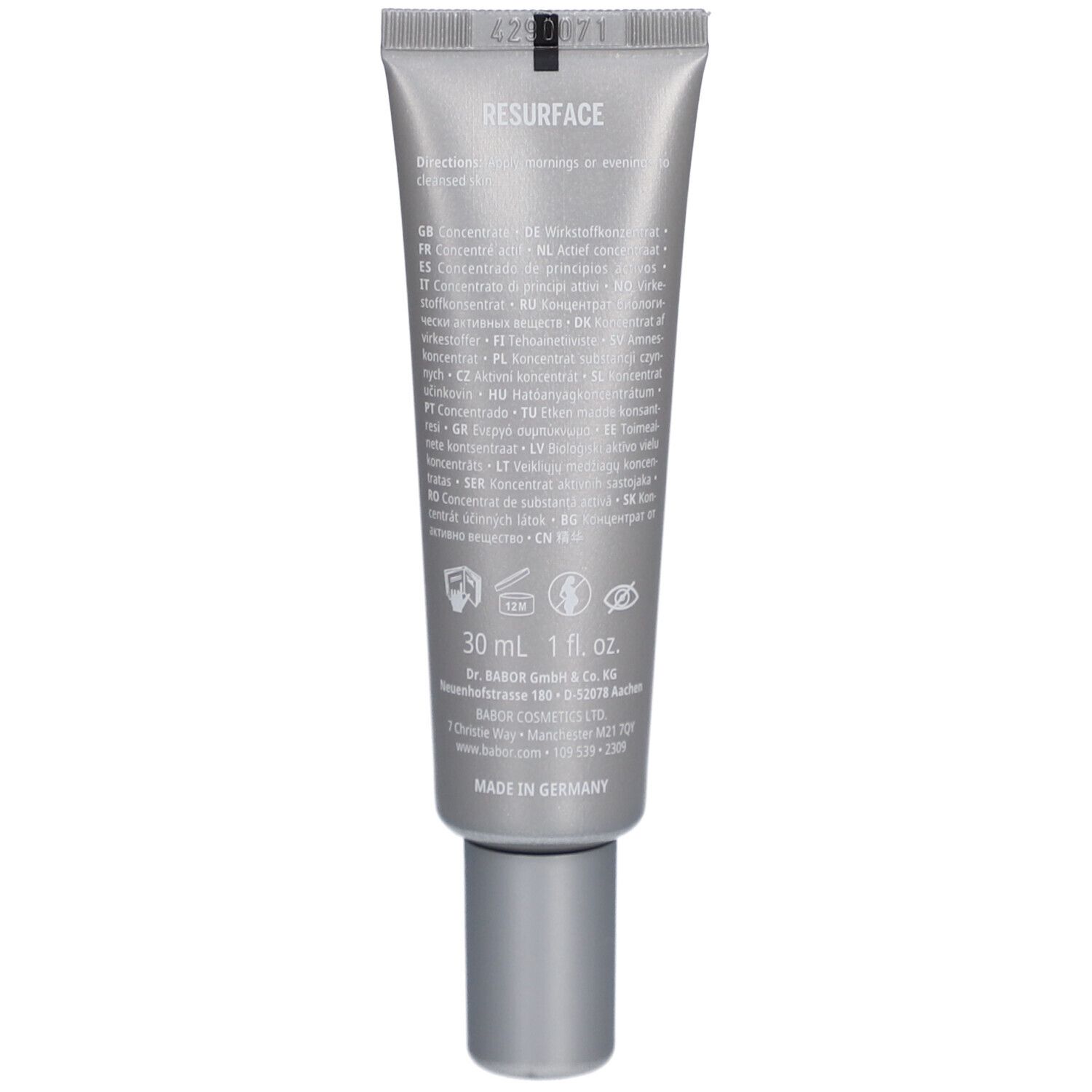 Rückseite der Tube. Aufschrift: RESURFACE, 30 ml 1 fl. oz. Text in mehreren Sprachen. Hergestellt in Deutschland.