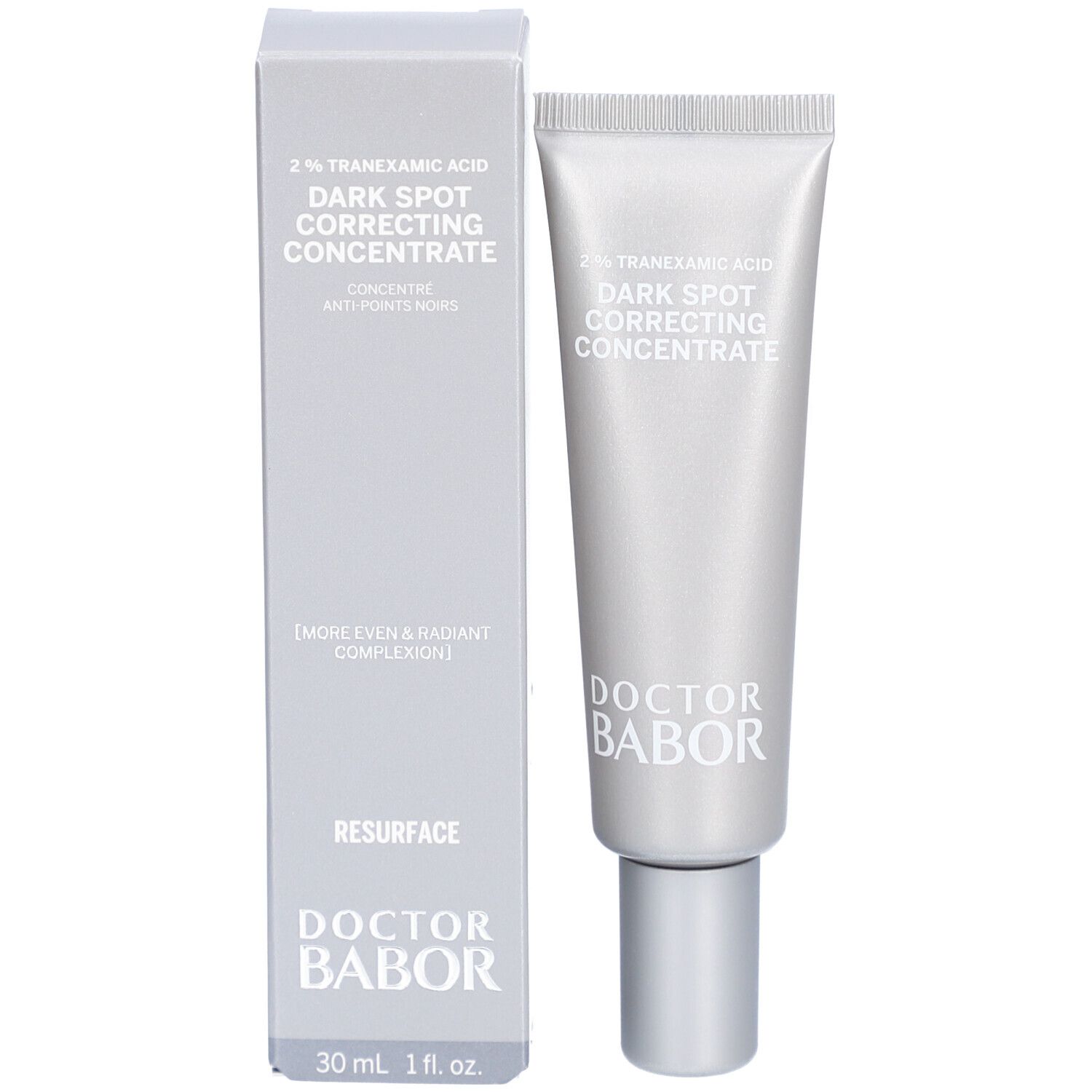 Produkt und Verpackung. Tube und Schachtel. Aufschrift: 2% Tranexamsäure, Dark Spot Correcting Concentrate, DOCTOR BABOR.