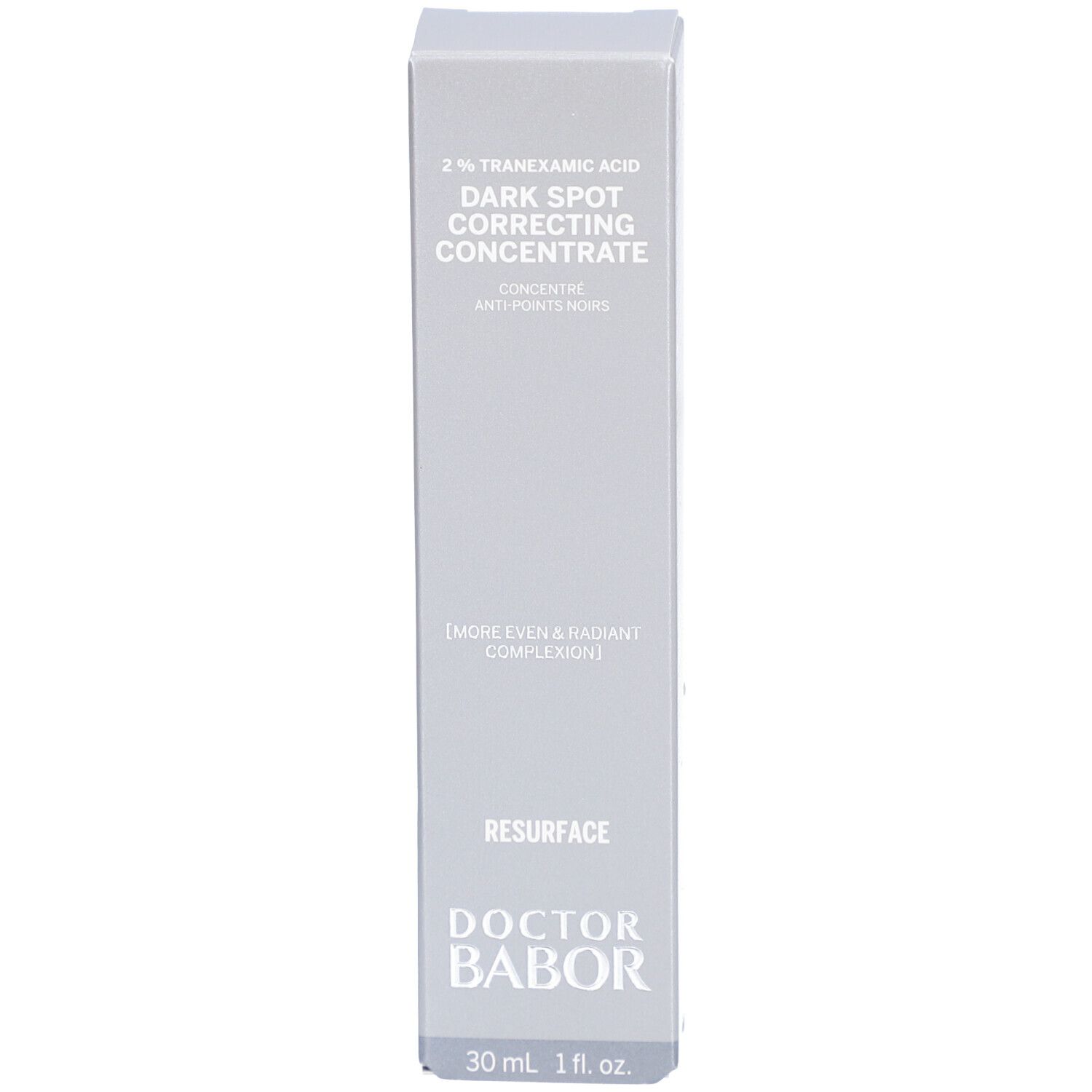 Graue Schachtel. Aufschrift: 2% Tranexamsäure, Dark Spot Correcting Concentrate, DOCTOR BABOR, 30 ml 1 fl. oz.