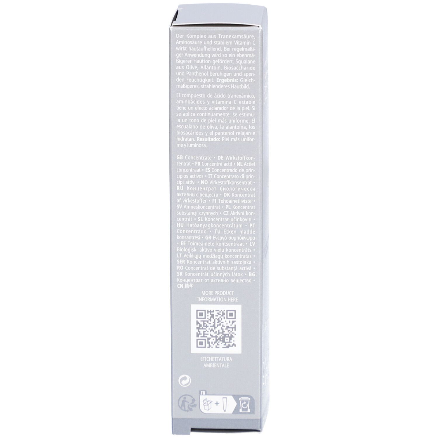 Rückseite der Schachtel. Text in mehreren Sprachen. QR-Code. Logos. 30 ml 1 fl. oz. Hergestellt in Deutschland.