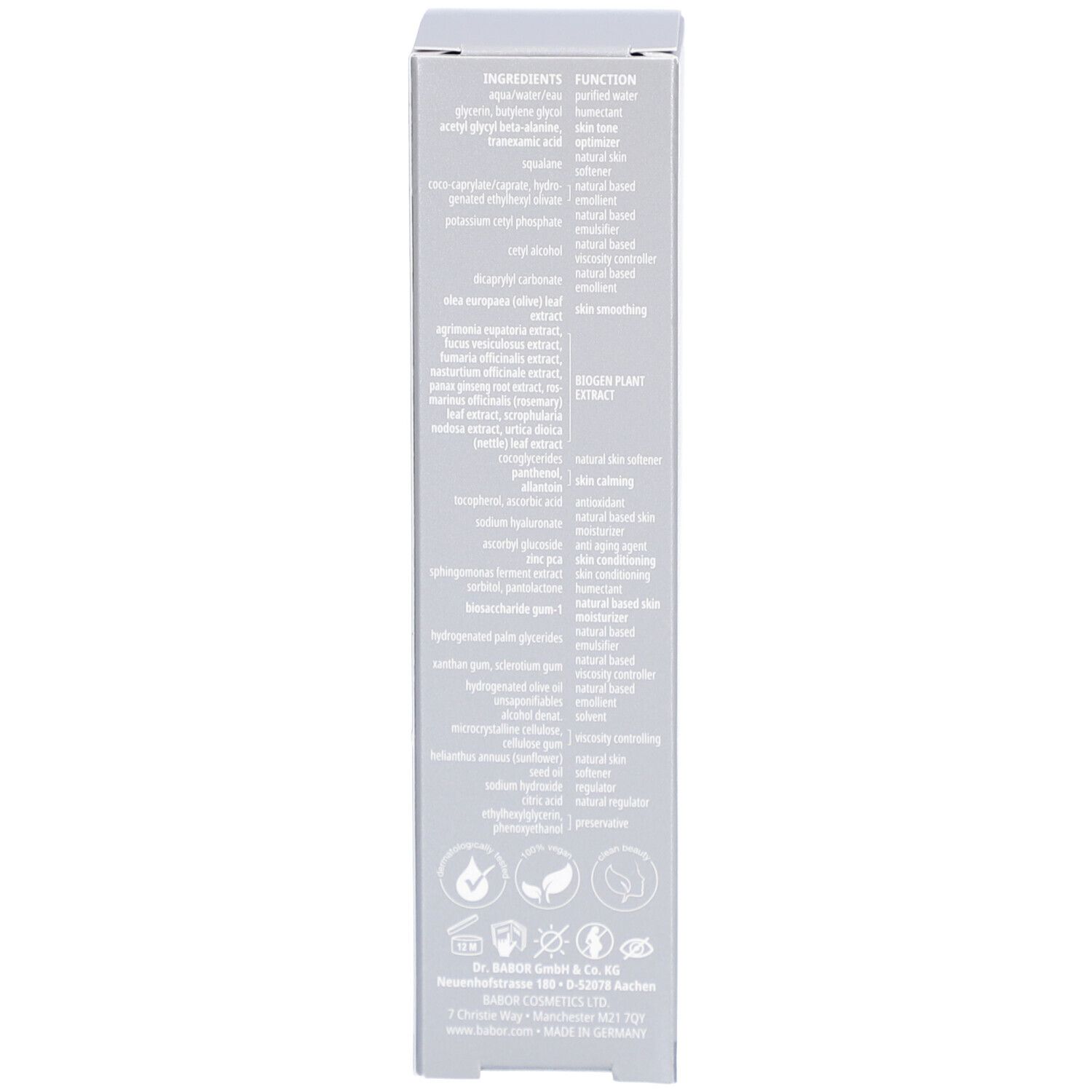 Seite der Schachtel. Auflistung der Inhaltsstoffe und Funktionen. Logos. Text in mehreren Sprachen.