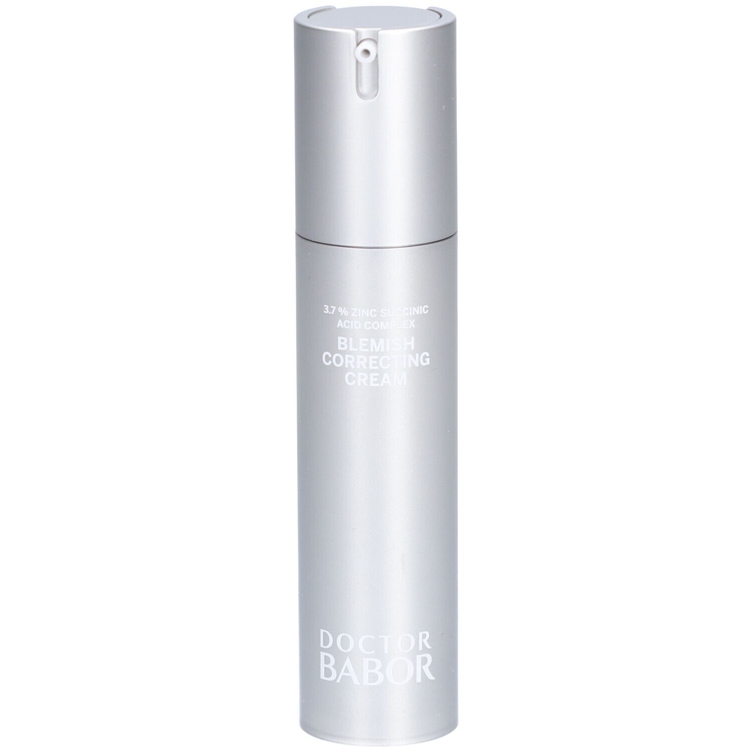 Silberne Flasche mit Dosierkopf. Beschriftung: Blemish Correcting Cream, Doctor Babor.