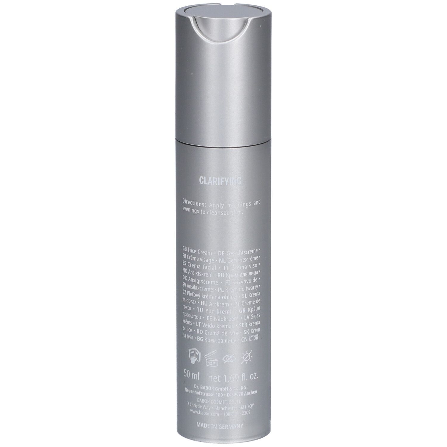 Silberne Flasche mit Dosierkopf. Text: Clarifying, 50 ml, Doctor Babor Logo.