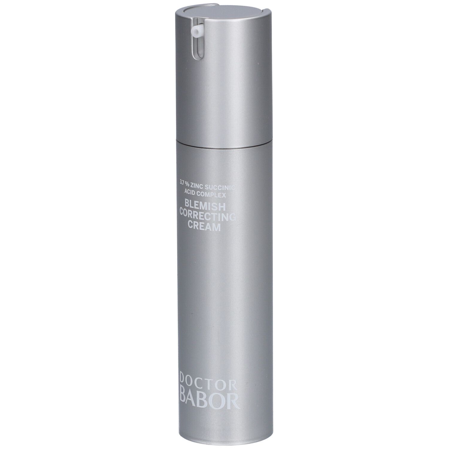 Silberne Flasche mit Dosierkopf. Beschriftung: Blemish Correcting Cream, Doctor Babor.