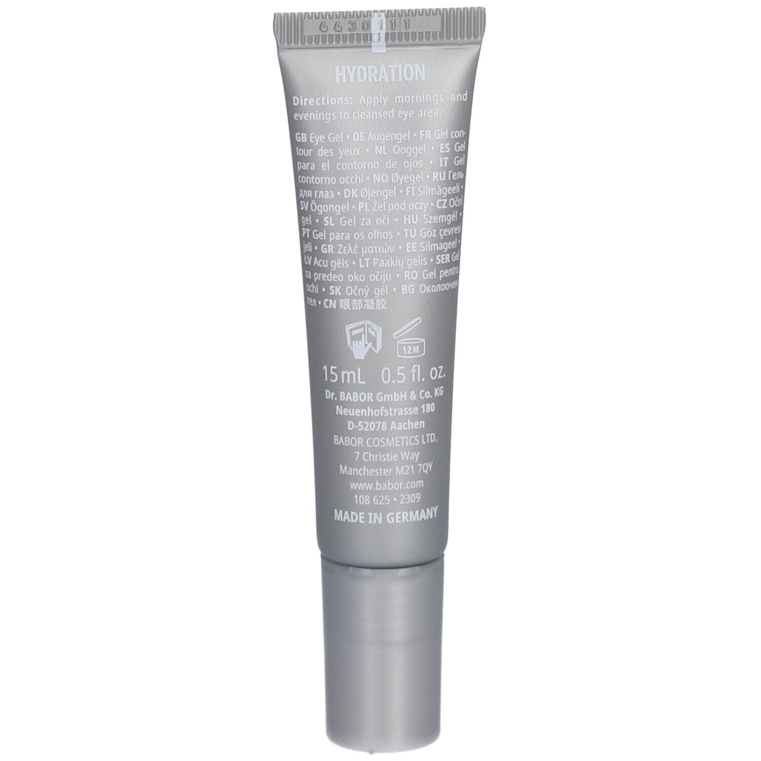 Rückseite der Tube mit Text. Enthält Informationen zu Inhaltsstoffen, Anwendung und Hersteller. Made in Germany.