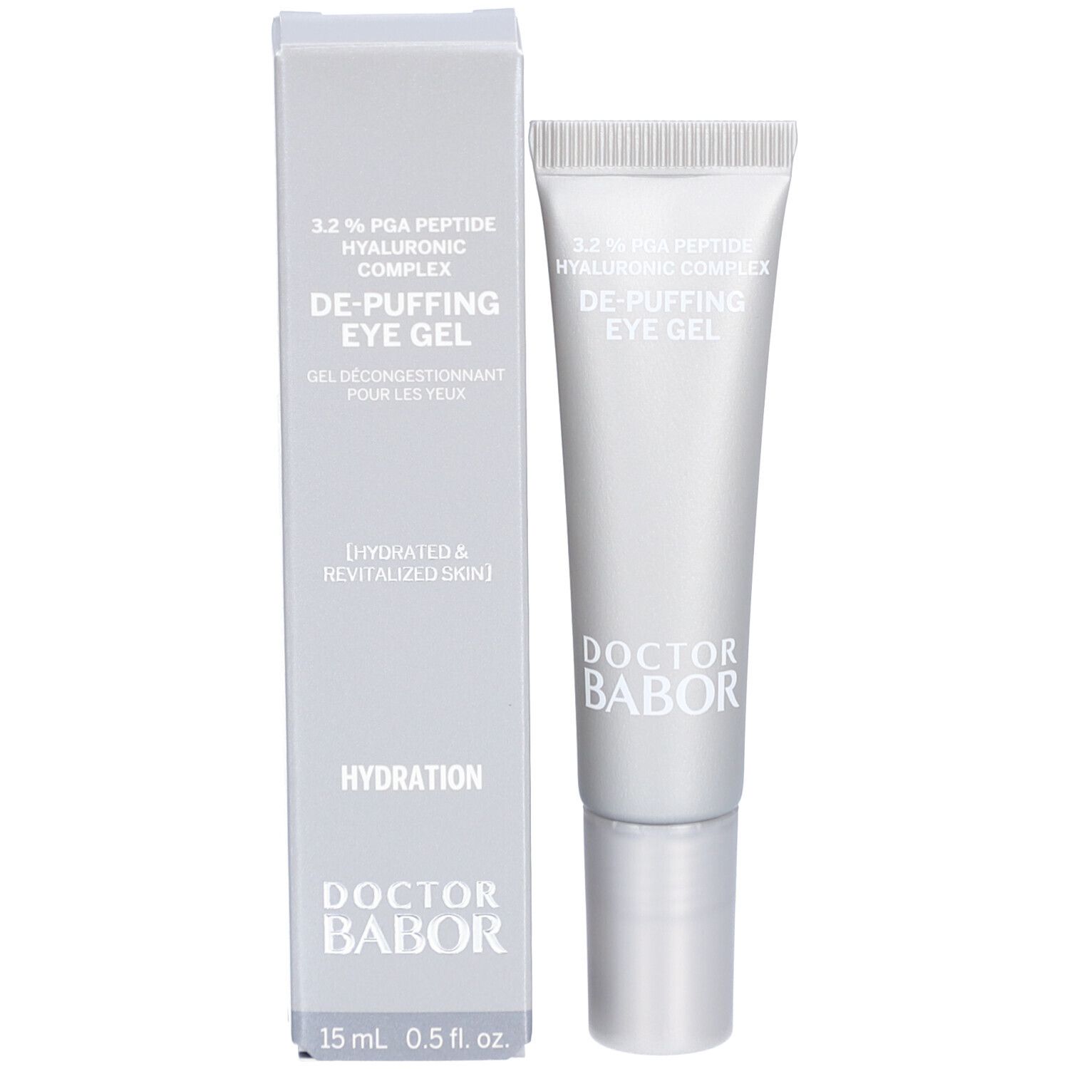 Produktverpackung mit Tube. Aufschrift: 3.2% PCA Peptide, Hyaluronsäure Complex, DE-PUFFING EYE GEL, Doctor Babor.