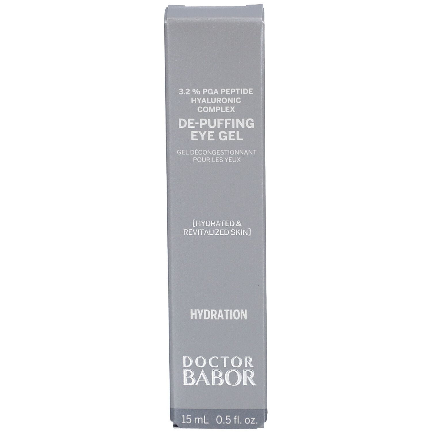 Produktverpackung. Aufschrift: 3.2% PCA Peptide, Hyaluronsäure Complex, DE-PUFFING EYE GEL, Doctor Babor. Hydration.