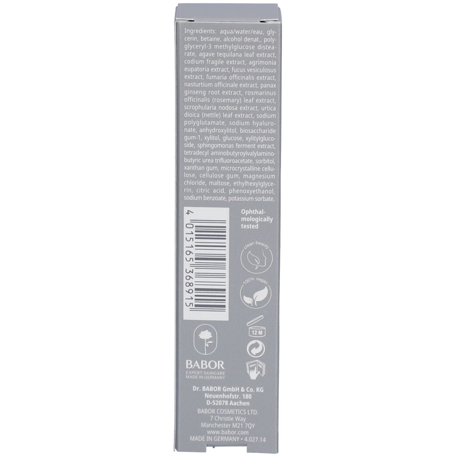 Seite der Produktverpackung mit Inhaltsstoffen, Herstellerinformationen und Qualitätssiegeln.