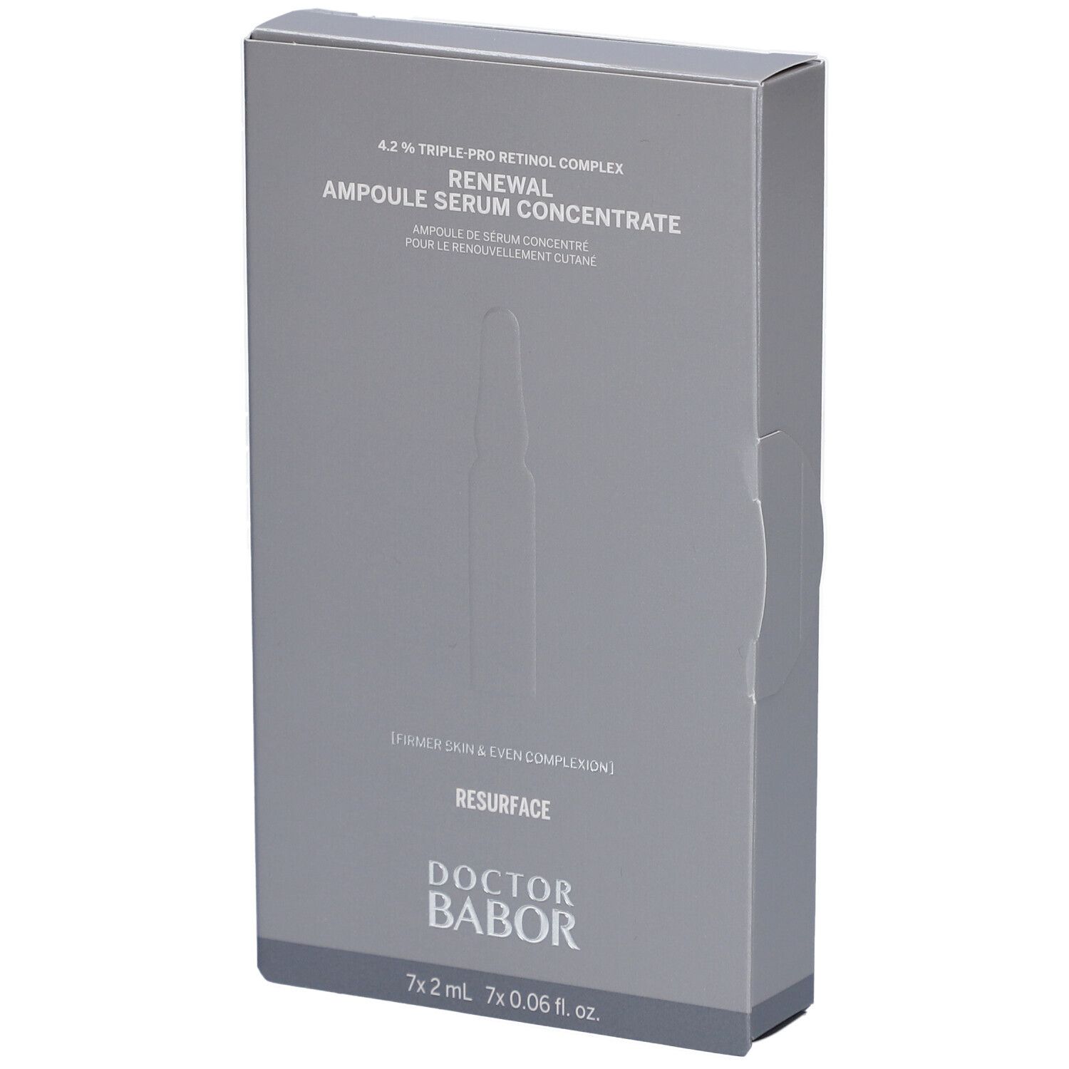 Graue Faltschachtel mit Produktinformationen. Aufschrift: Renewal Ampulle Serum Concentrate. Marke: Doctor Babor. Enthält Ampullen.