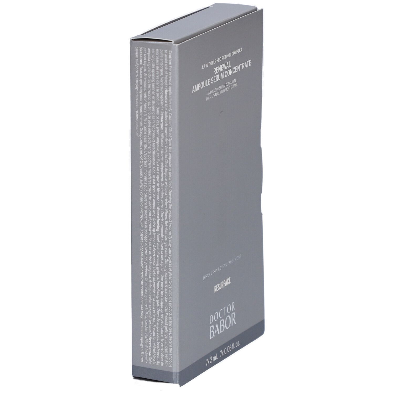 Graue Faltschachtel, schräg gestellt. Text auf der Seite. Marke: Doctor Babor. Produktinformationen.