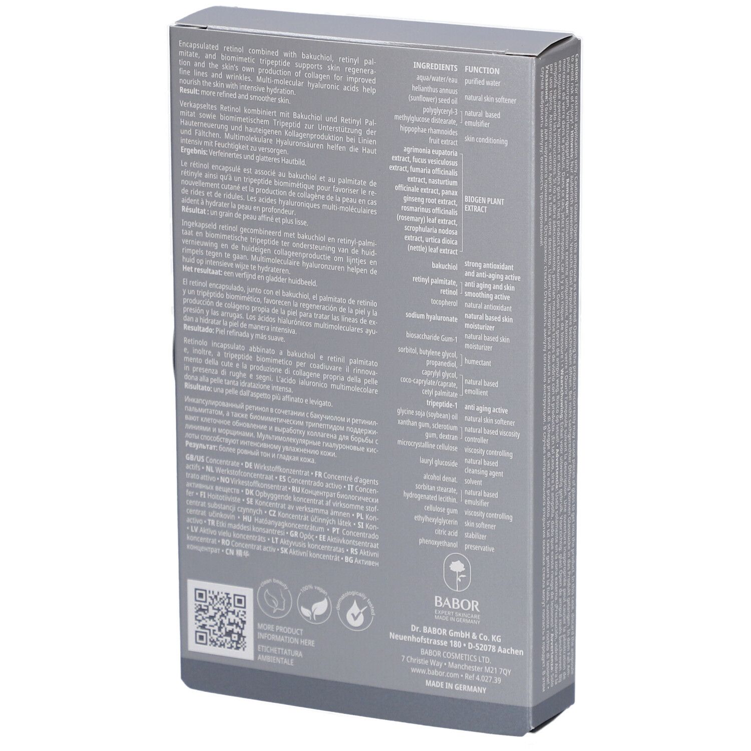 Rückseite der grauen Faltschachtel. Text mit Produktinformationen und Inhaltsstoffen. Marke: Doctor Babor.