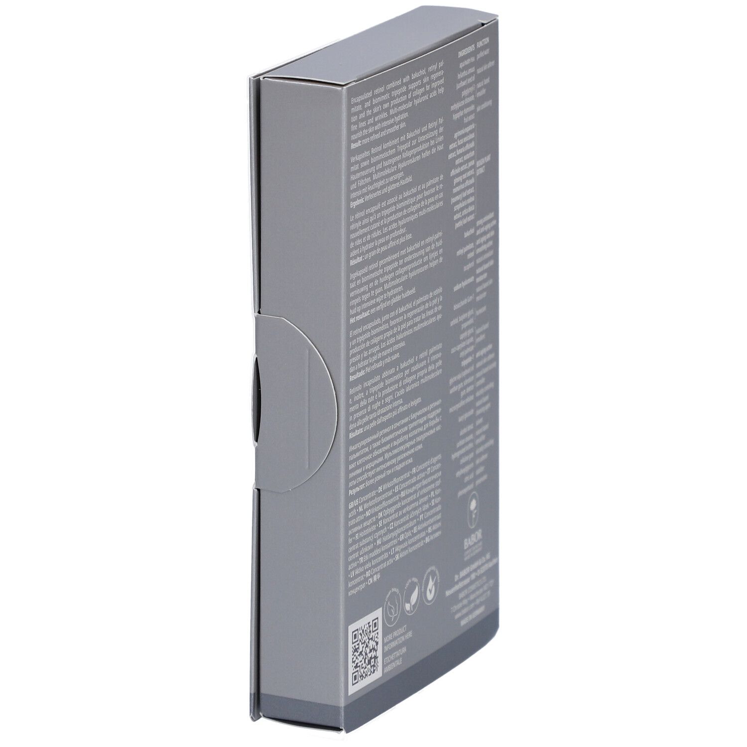 Graue Faltschachtel, schräg gestellt. Text auf der Seite. Marke: Doctor Babor. Produktinformationen.