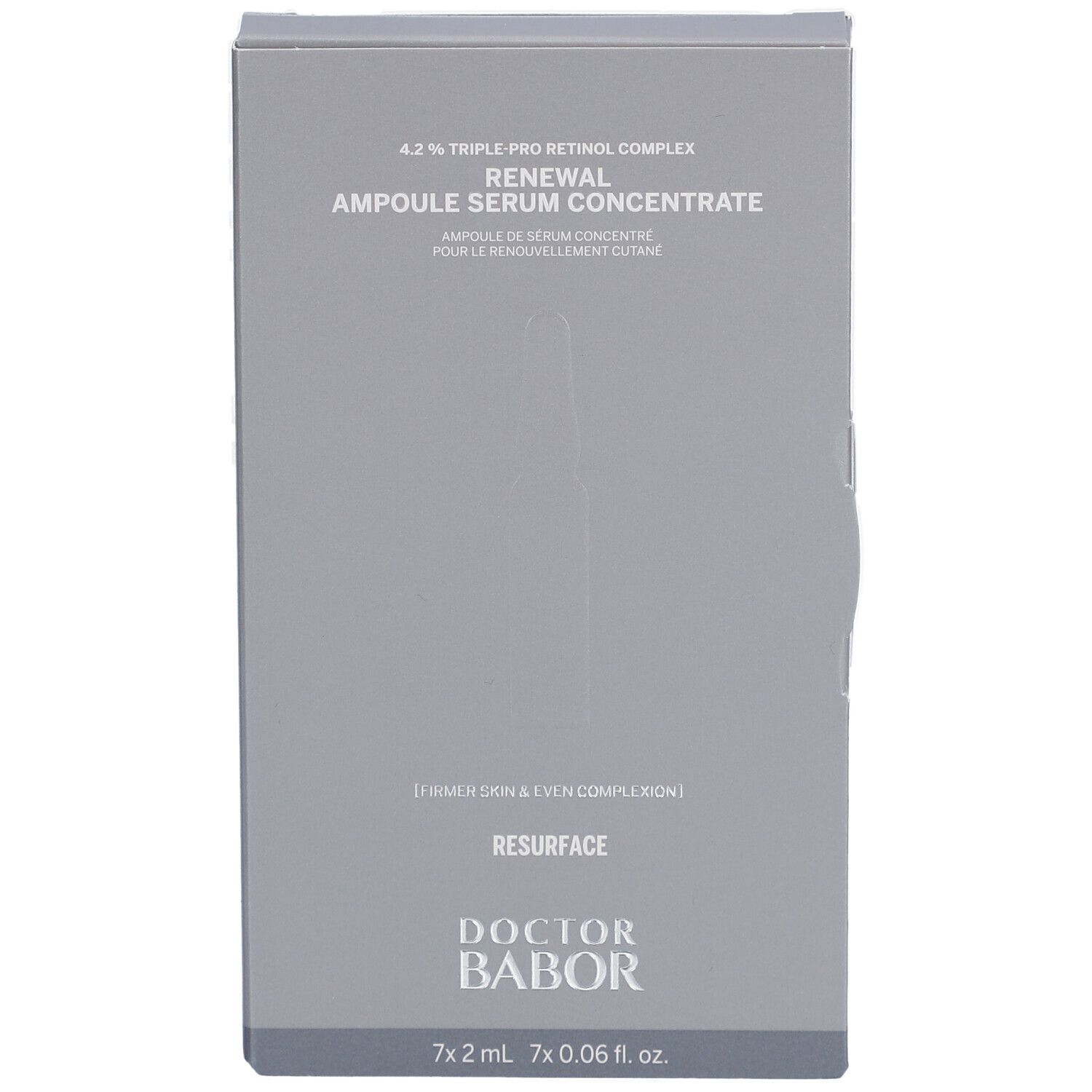 Graue Faltschachtel mit Produktinformationen. Aufschrift: Renewal Ampulle Serum Concentrate. Marke: Doctor Babor. Enthält Ampullen.