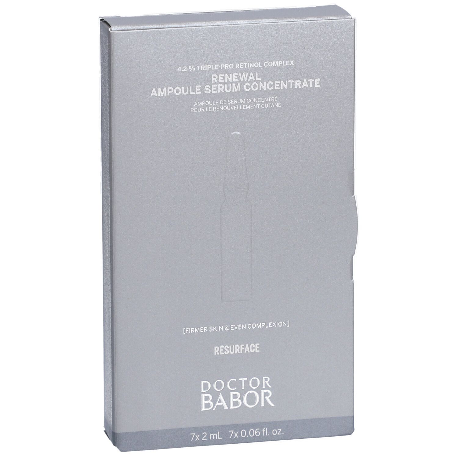Graue Faltschachtel mit Produktinformationen. Aufschrift: Renewal Ampulle Serum Concentrate. Marke: Doctor Babor. Enthält Ampullen.