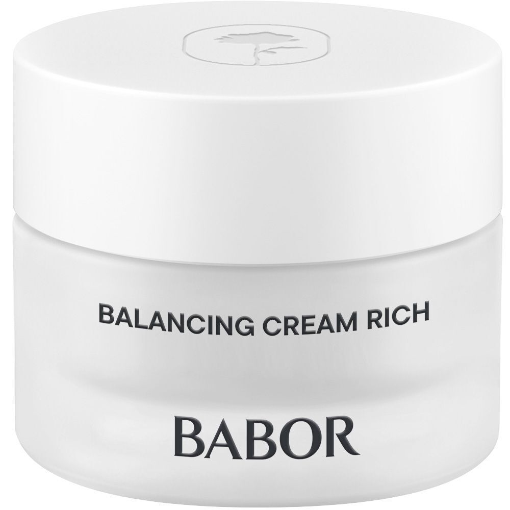 BABOR SKINNOVAGE Balancing Cream Rich, mattierter Glasbehälter mit weißem Deckel.