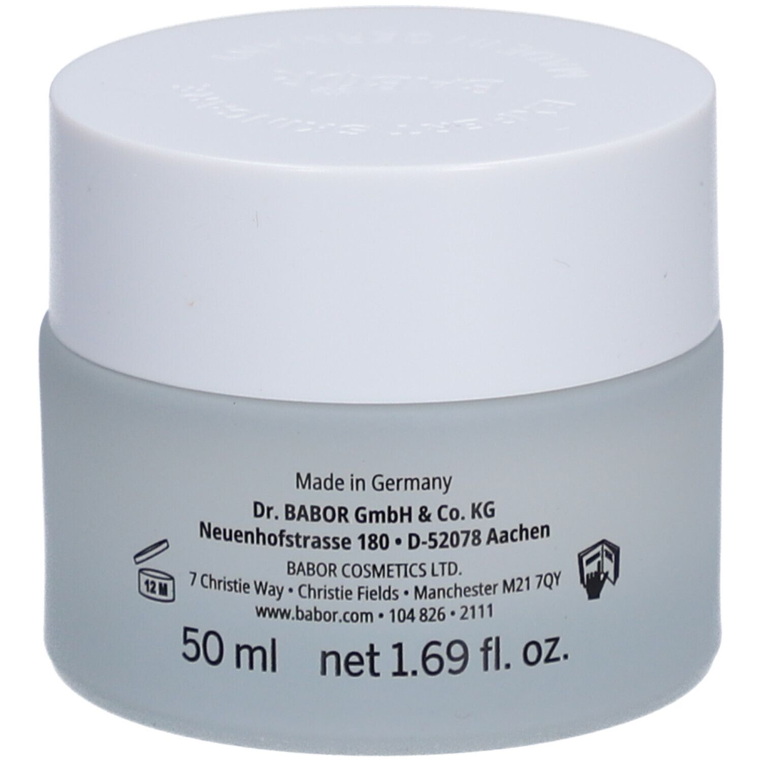 Creme-Tiegel mit weißem Deckel. Auf dem Tiegel steht BABOR SKINAVAGE. Auf der Seite: 50 ml, net 1.69 fl. oz.