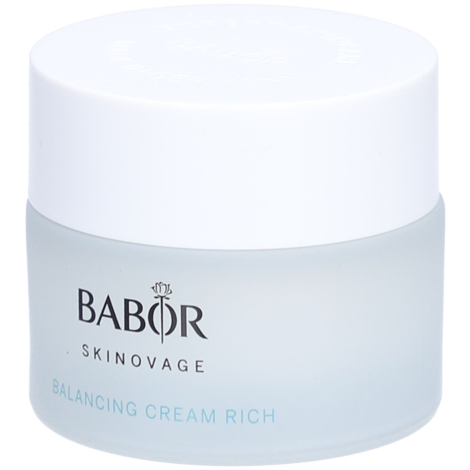 Creme-Tiegel mit weißem Deckel. Auf dem Tiegel steht BABOR SKINAVAGE. Darunter: BALANCING CREAM RICH.