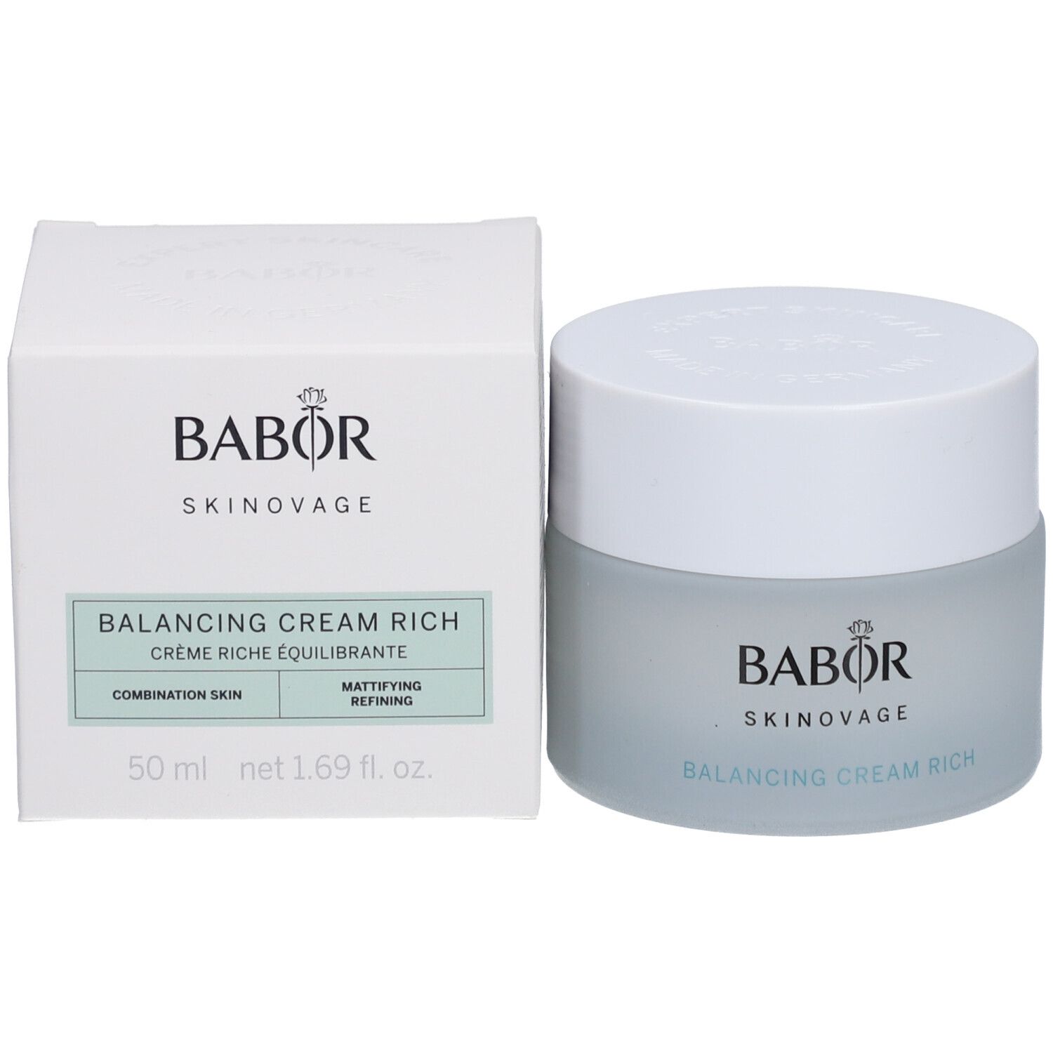 Weiße Schachtel und Creme-Tiegel. Auf der Schachtel steht BABOR SKINAVAGE. Auf dem Tiegel: BALANCING CREAM RICH.