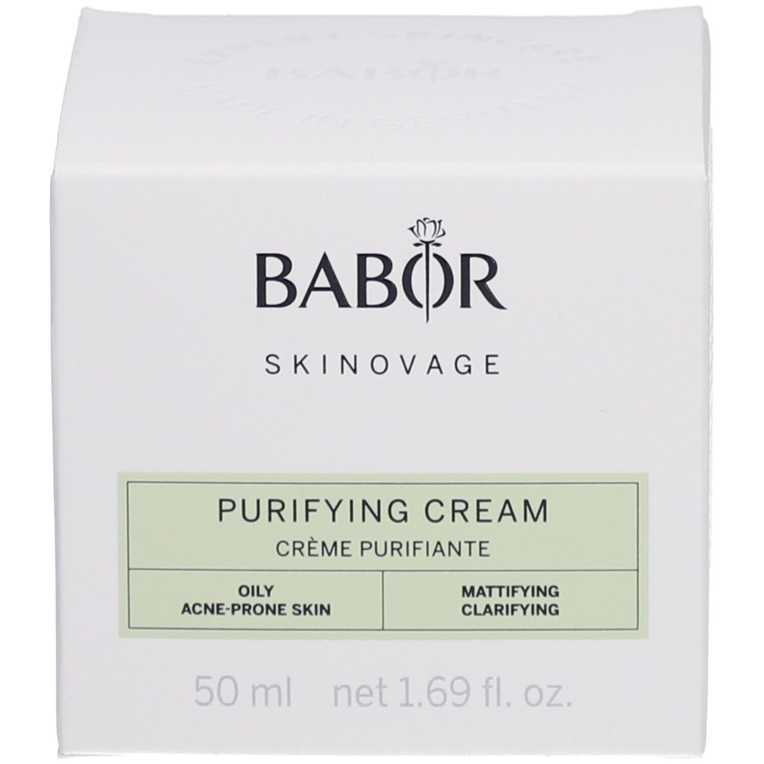 Verpackung mit BABOR SKINAVAGE PURIFYING CREAM. Auf der Verpackung steht 50 ml.