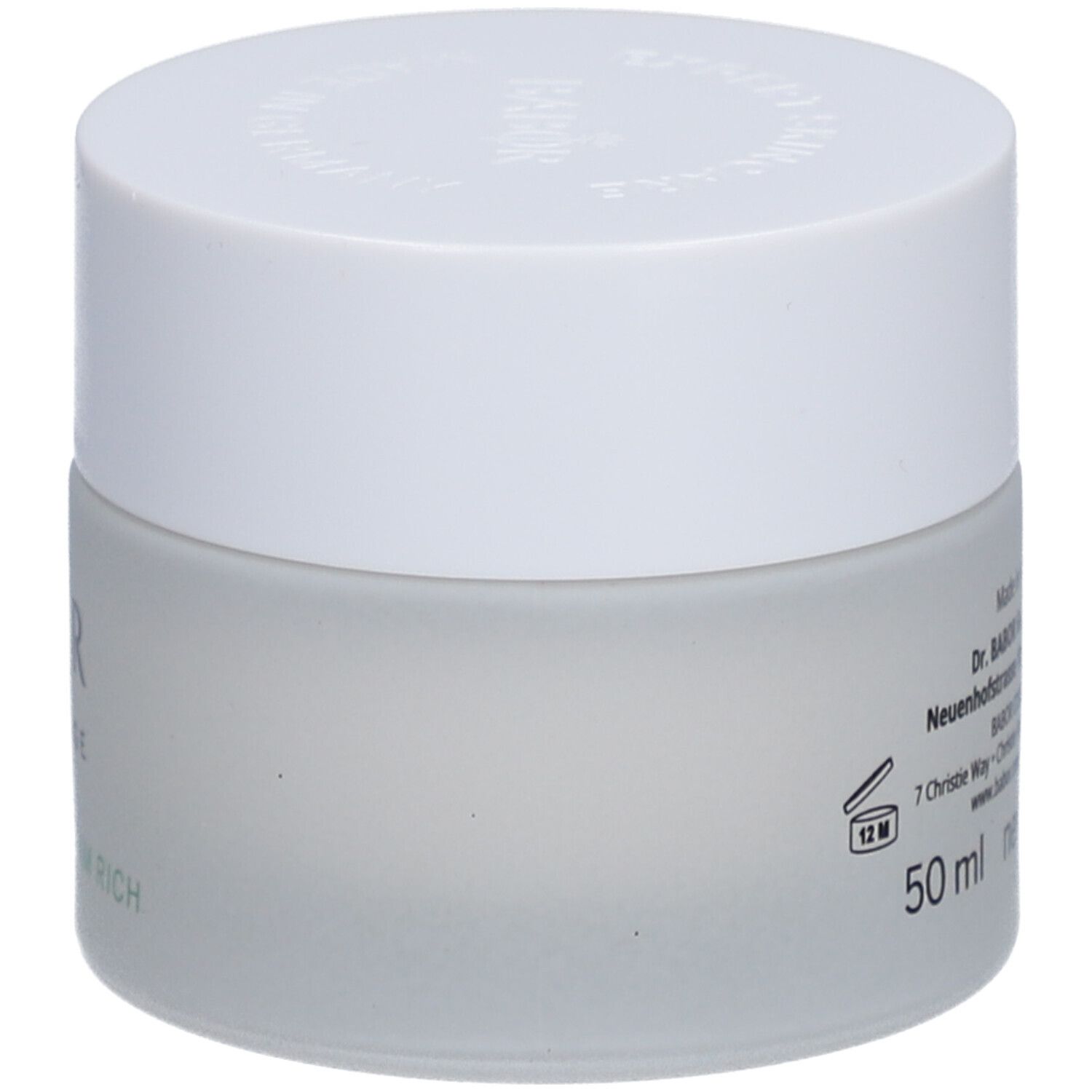 Creme-Tiegel mit weißem Deckel. Auf dem Tiegel steht "BABOR SKINNOVAGE PURIFYING CREAM RICH".