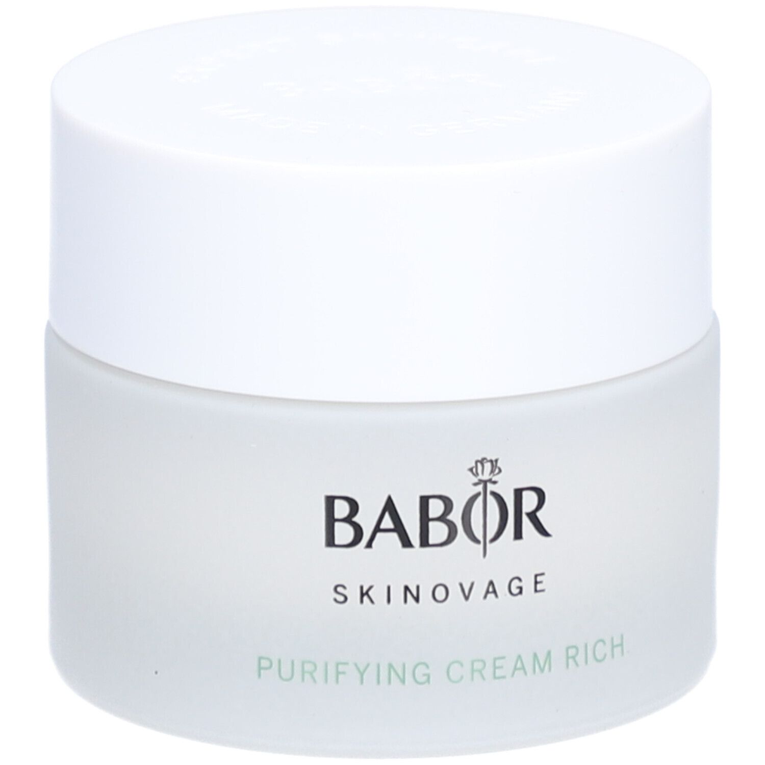 Creme-Tiegel mit weißem Deckel. Auf dem Tiegel steht "BABOR SKINNOVAGE PURIFYING CREAM RICH".