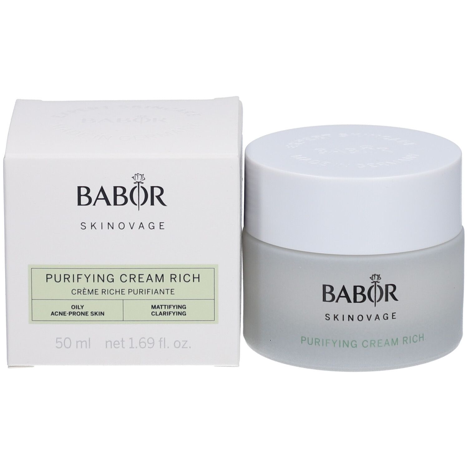 Creme-Tiegel und Karton. Auf dem Tiegel steht "BABOR SKINNOVAGE PURIFYING CREAM RICH".