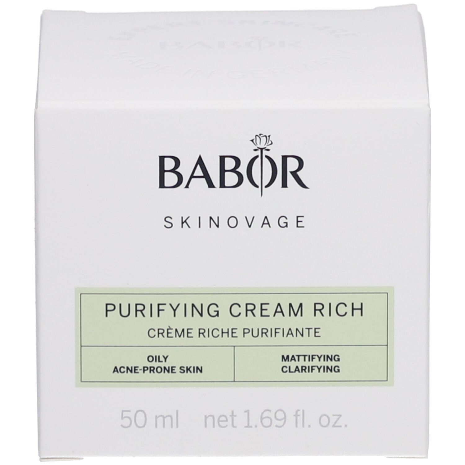 Karton mit Produktinformationen. Auf dem Karton steht "BABOR SKINNOVAGE PURIFYING CREAM RICH".