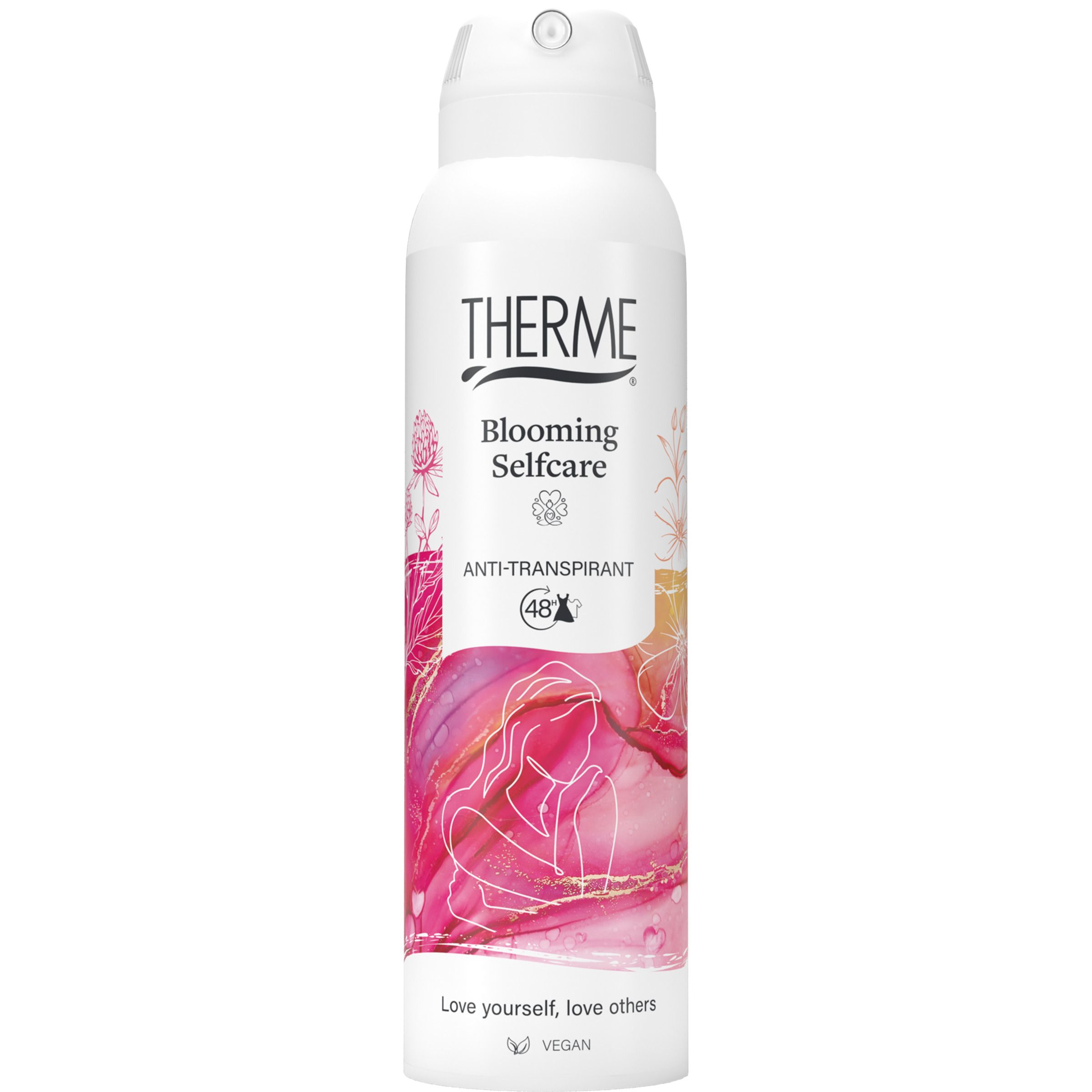 Therme Blooming Selfcare anti-transpirant. Texte français, graphisme rose, symbole 48h. Vegan.