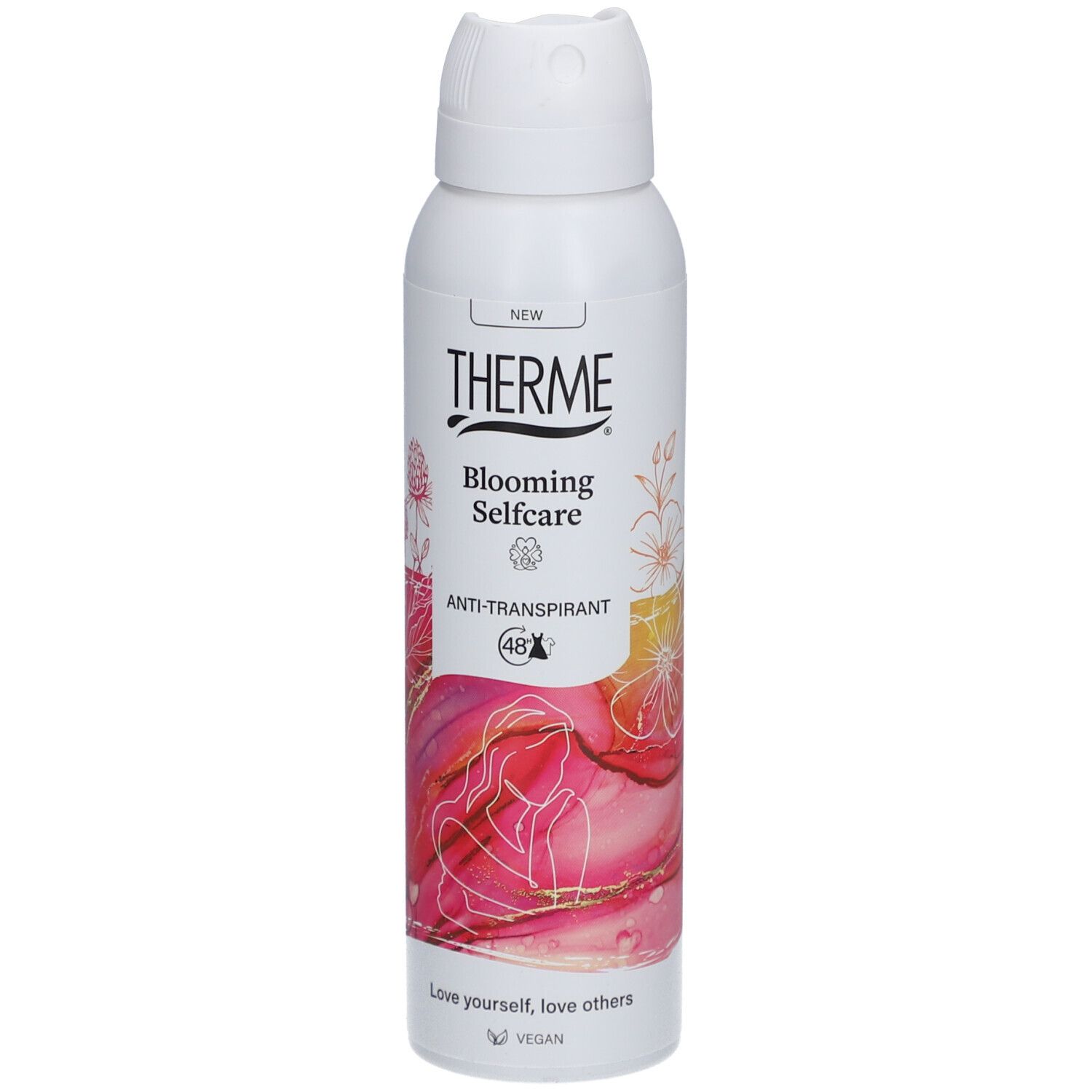 Therme Blooming Selfcare anti-transpirant blanc. Graphisme rose et blanc, texte, symbole 48h. Vegan.