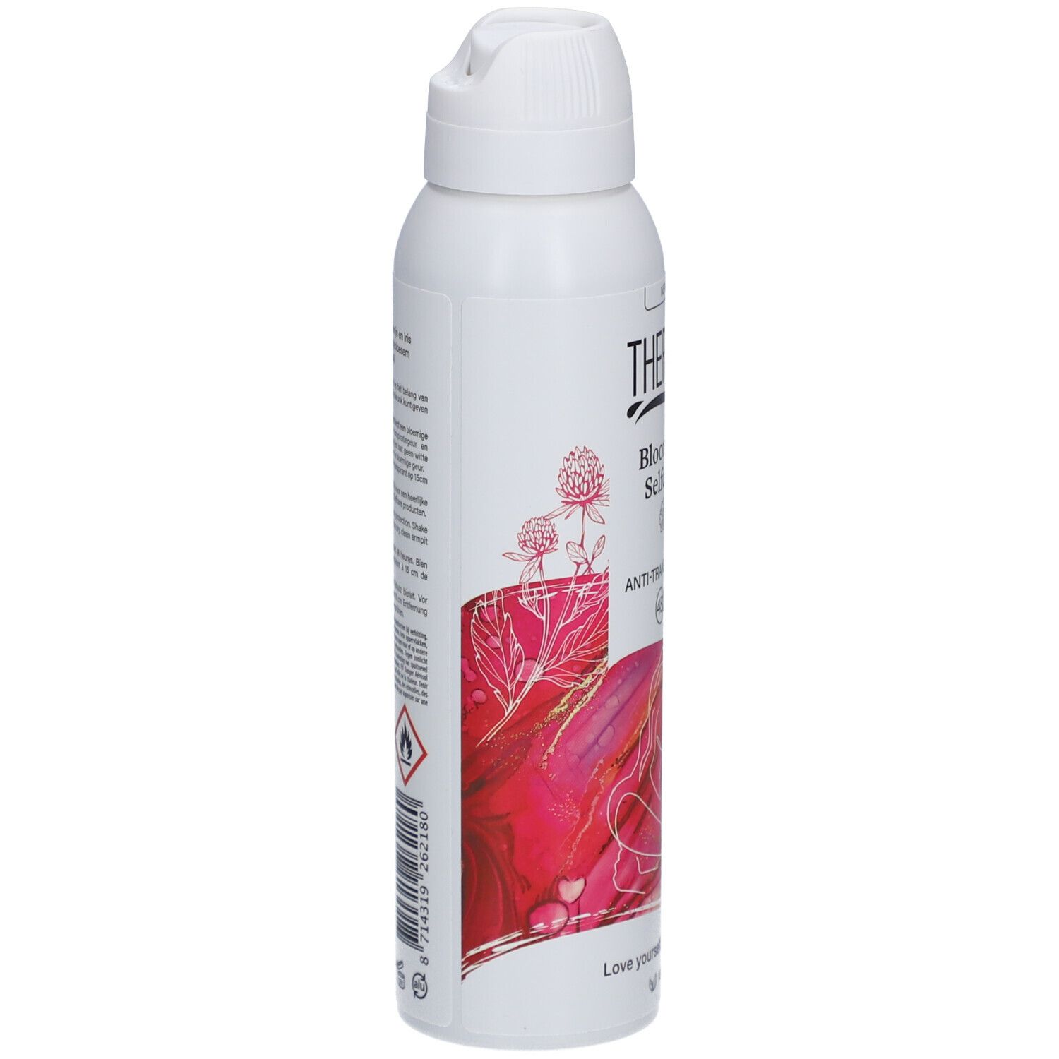 Vue latérale de Therme Blooming Selfcare anti-transpirant. Blanc, graphisme rose, texte, symbole 48h. Vegan.