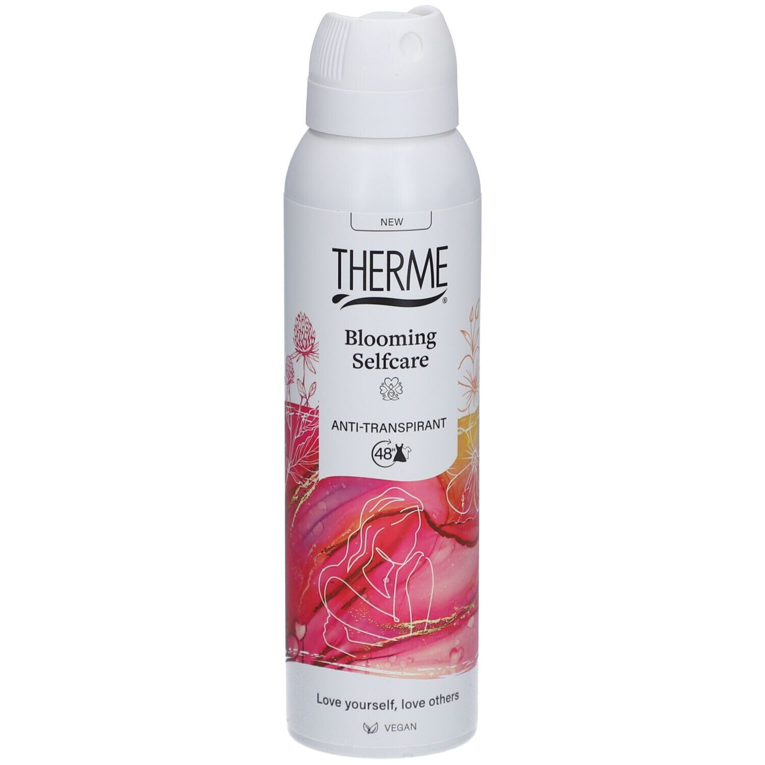 Therme Blooming Selfcare anti-transpirant. Blanc, graphisme rose, texte, symbole 48h. Vegan.