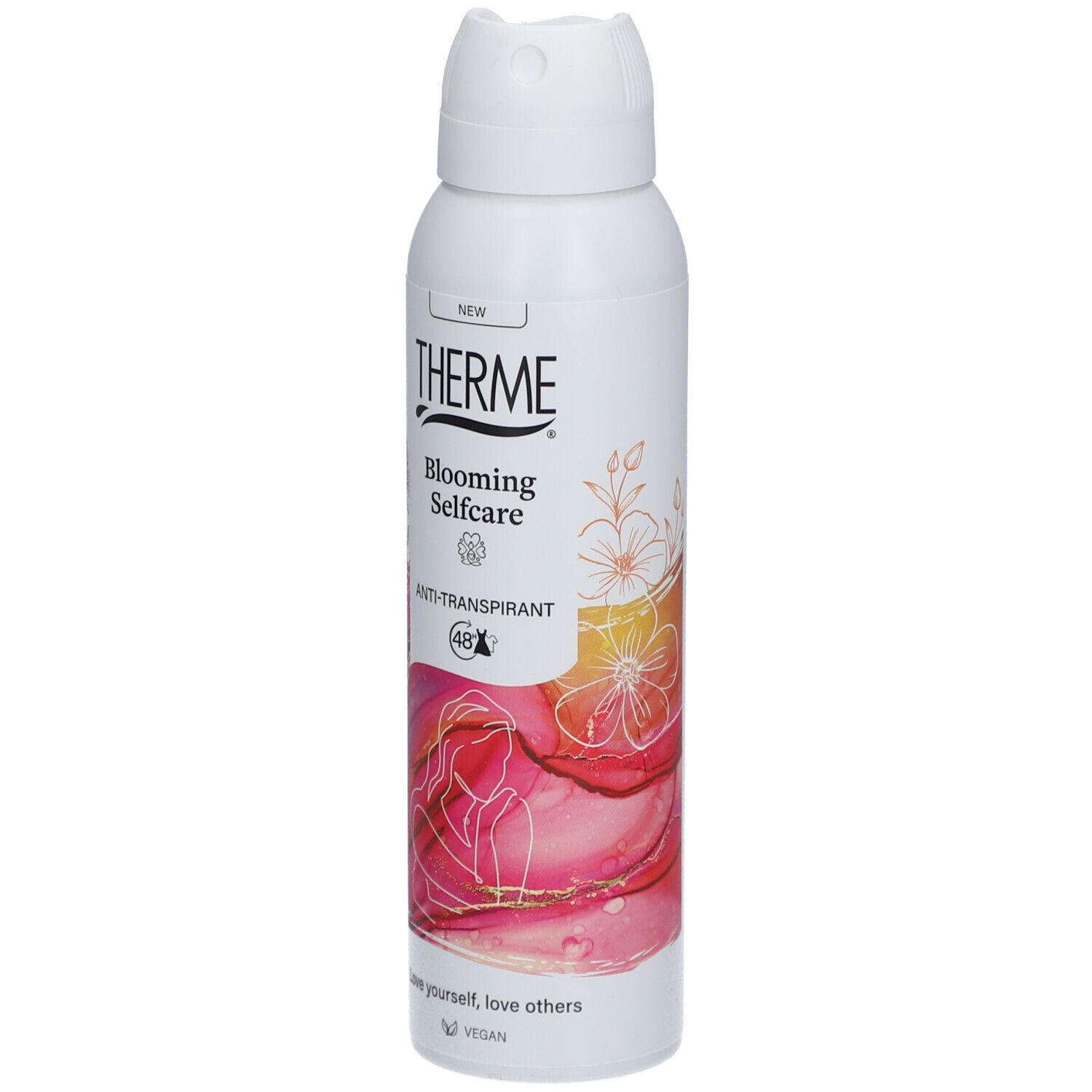 Therme Blooming Selfcare anti-transpirant. Blanc, graphisme rose, texte, symbole 48h. Vegan.