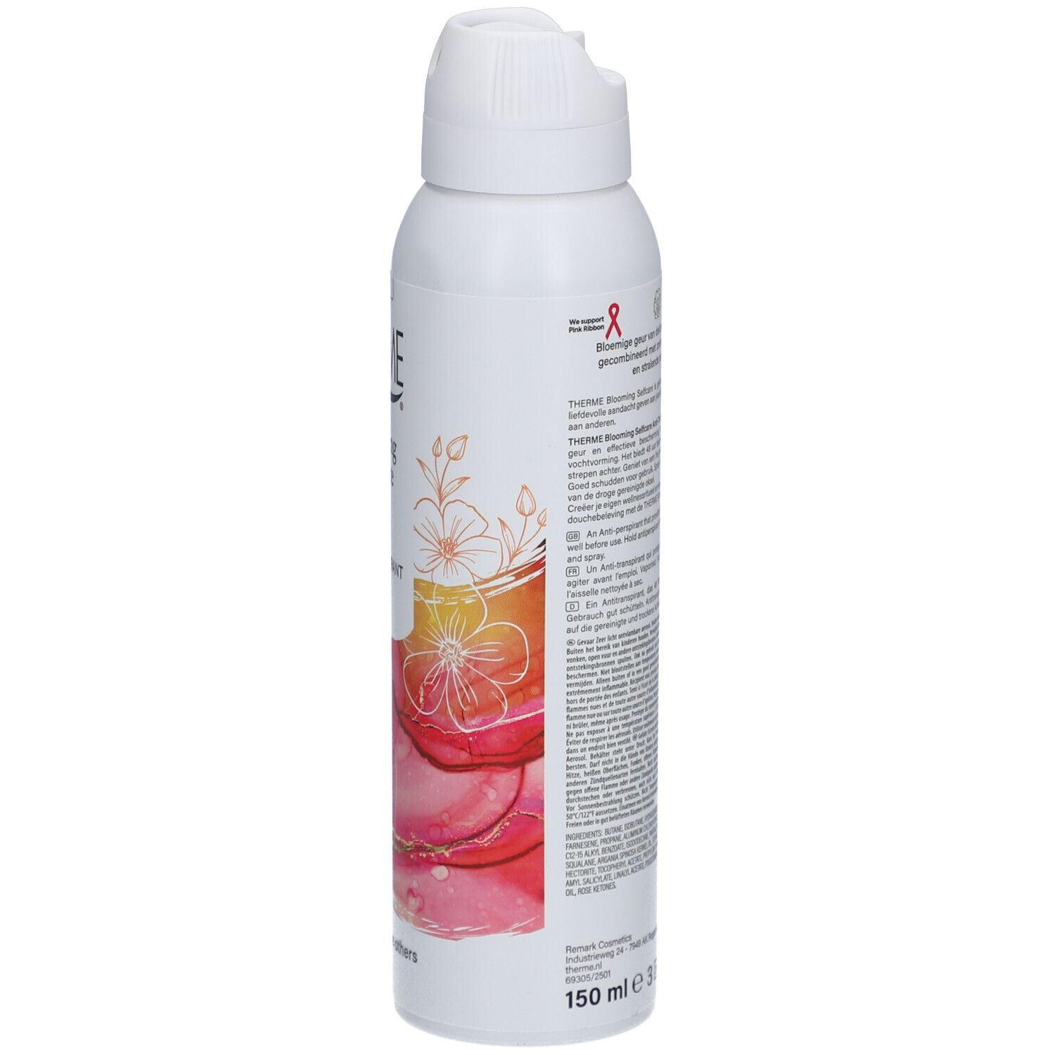 Dos de Therme Blooming Selfcare anti-transpirant. Texte, avertissements, symbole de flamme, code-barres.