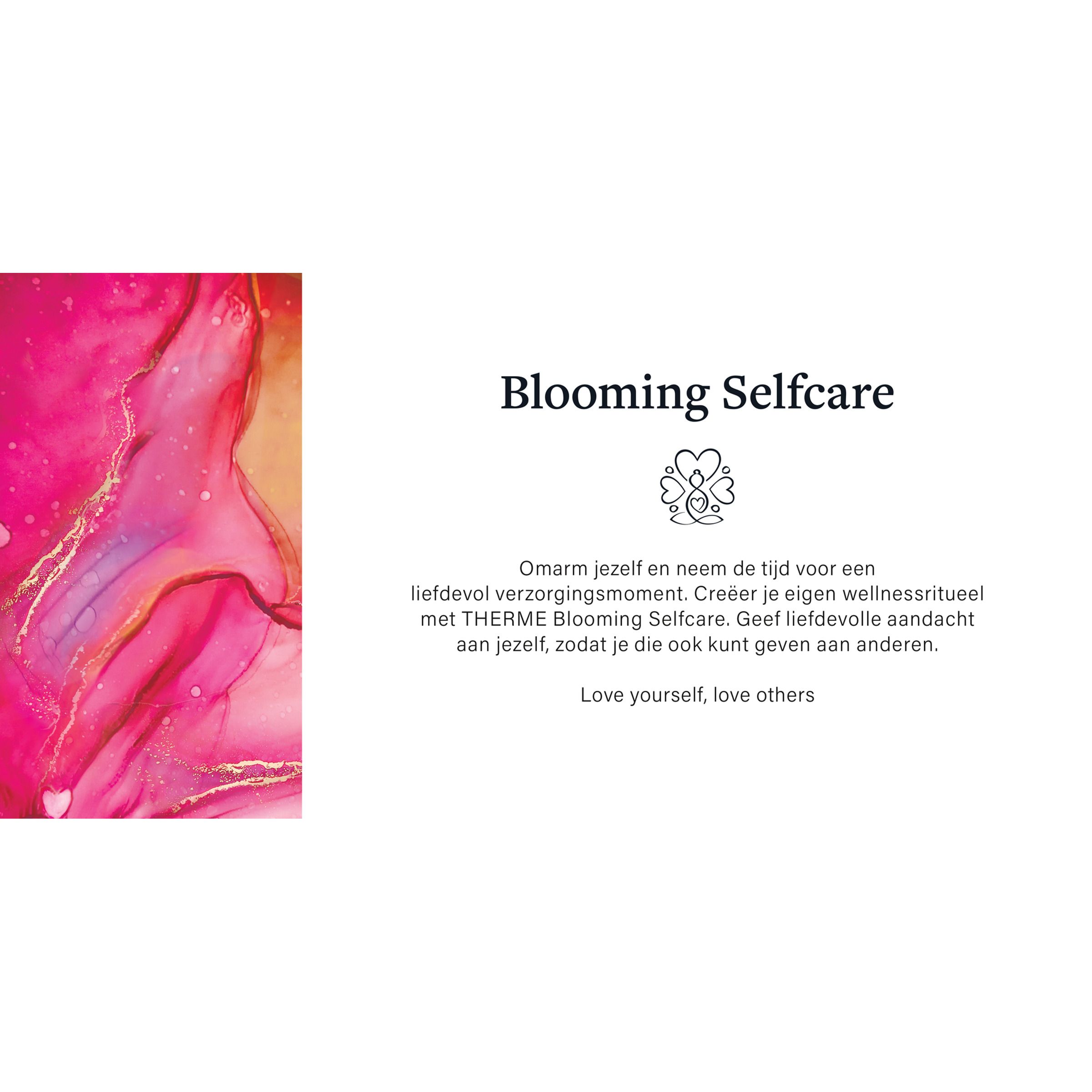 Therme Blooming Selfcare anti-transpirant. Nederlandse tekst, roze grafiek, 48h-symbool. Vegan.