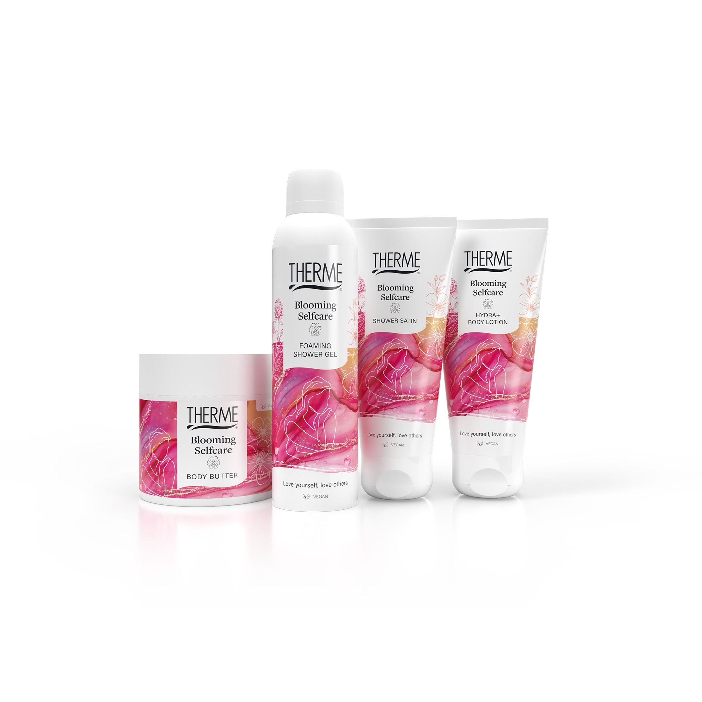 Therme Blooming Selfcare anti-transpirant. Nederlandse tekst, roze grafiek, 48h-symbool. Vegan.