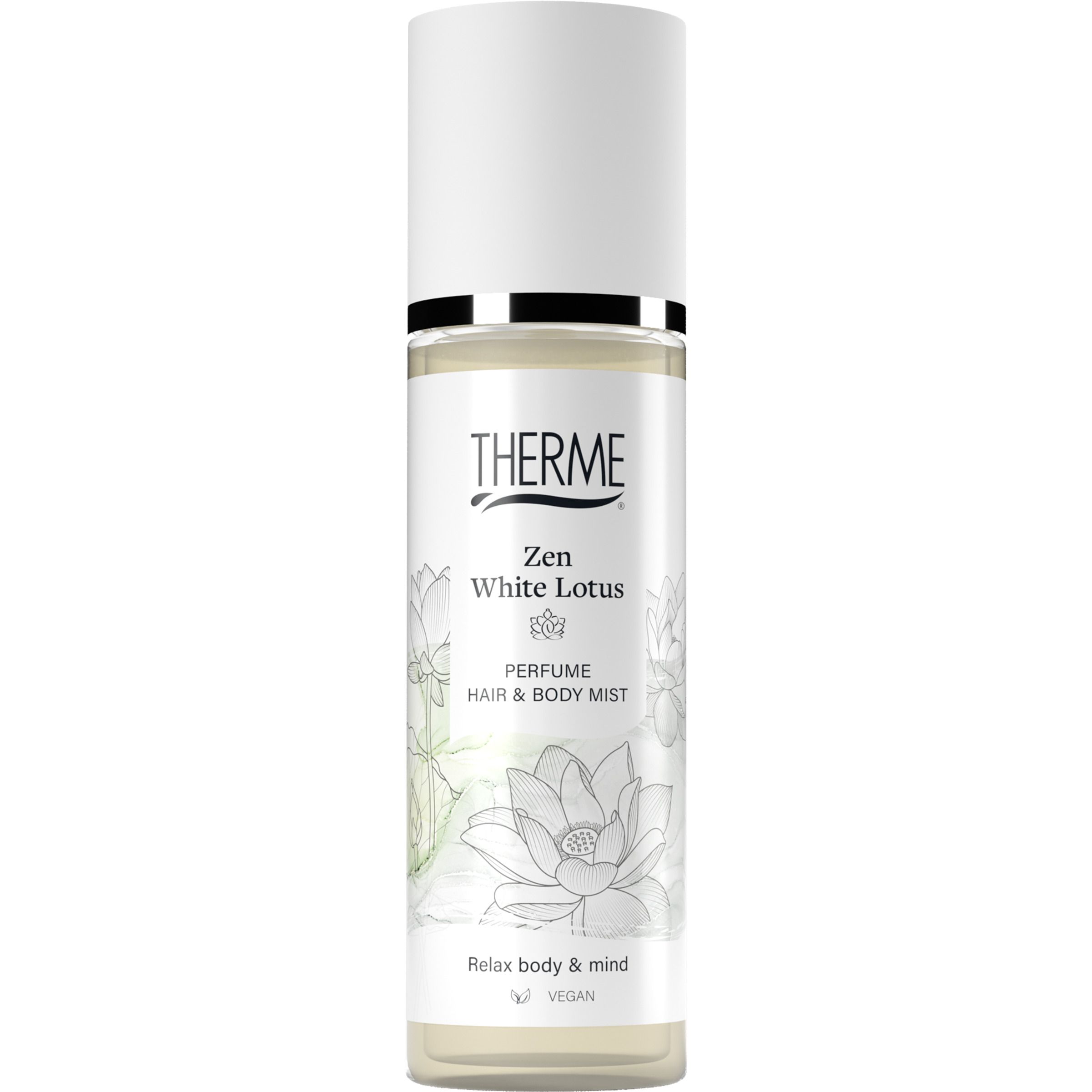 Flacon de brume Therme Zen White Lotus. Inscription: THERME, Zen White Lotus, Hair & Body Mist. Bouchon blanc.