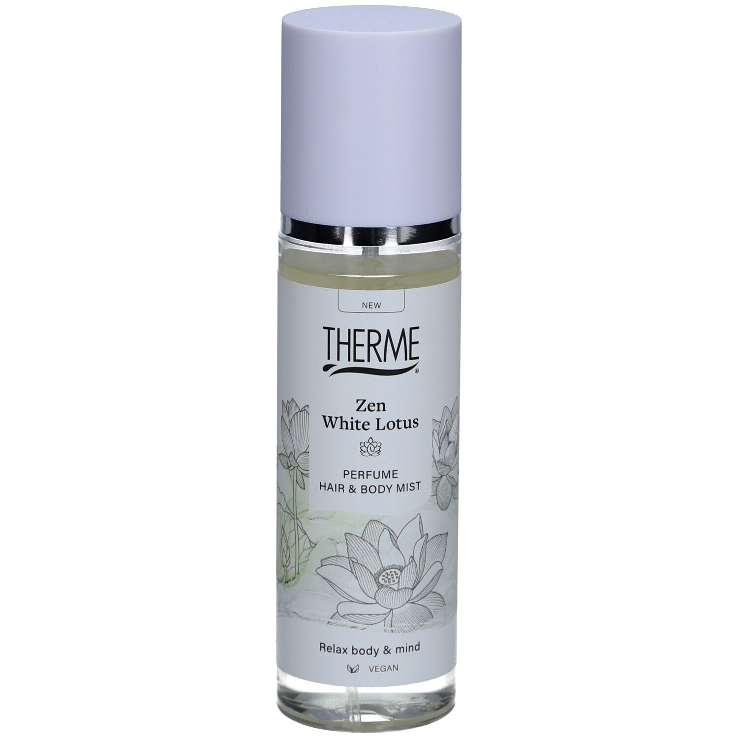 Therme Zen White Lotus Nebel für Haar & Körper. Weiße Flasche mit Sprühkopf. Logo und Produktname auf dem Etikett.