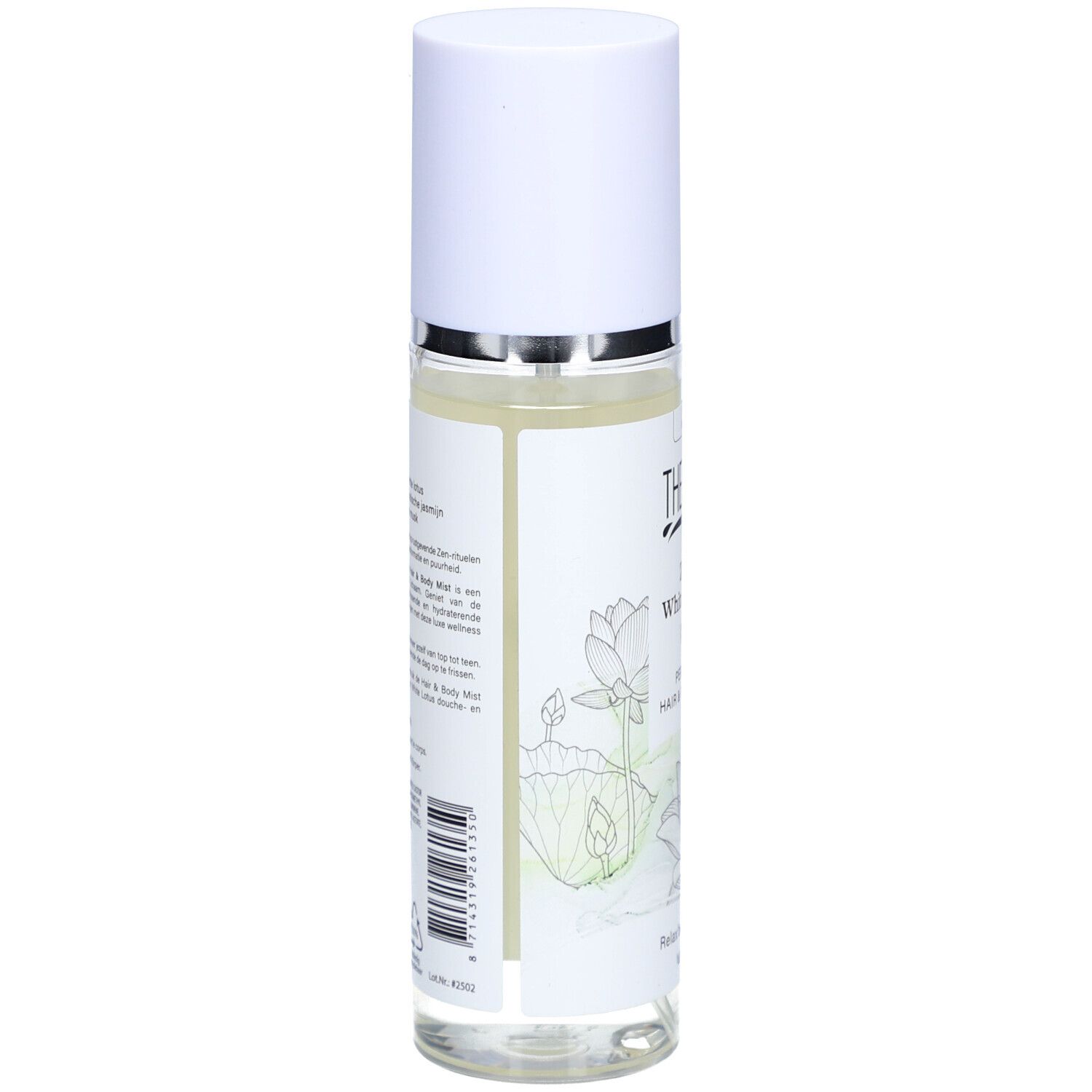 Rückseite der Therme Zen White Lotus Nebel-Flasche. Textinformationen und Barcode. Weiße Flasche mit weißem Deckel.