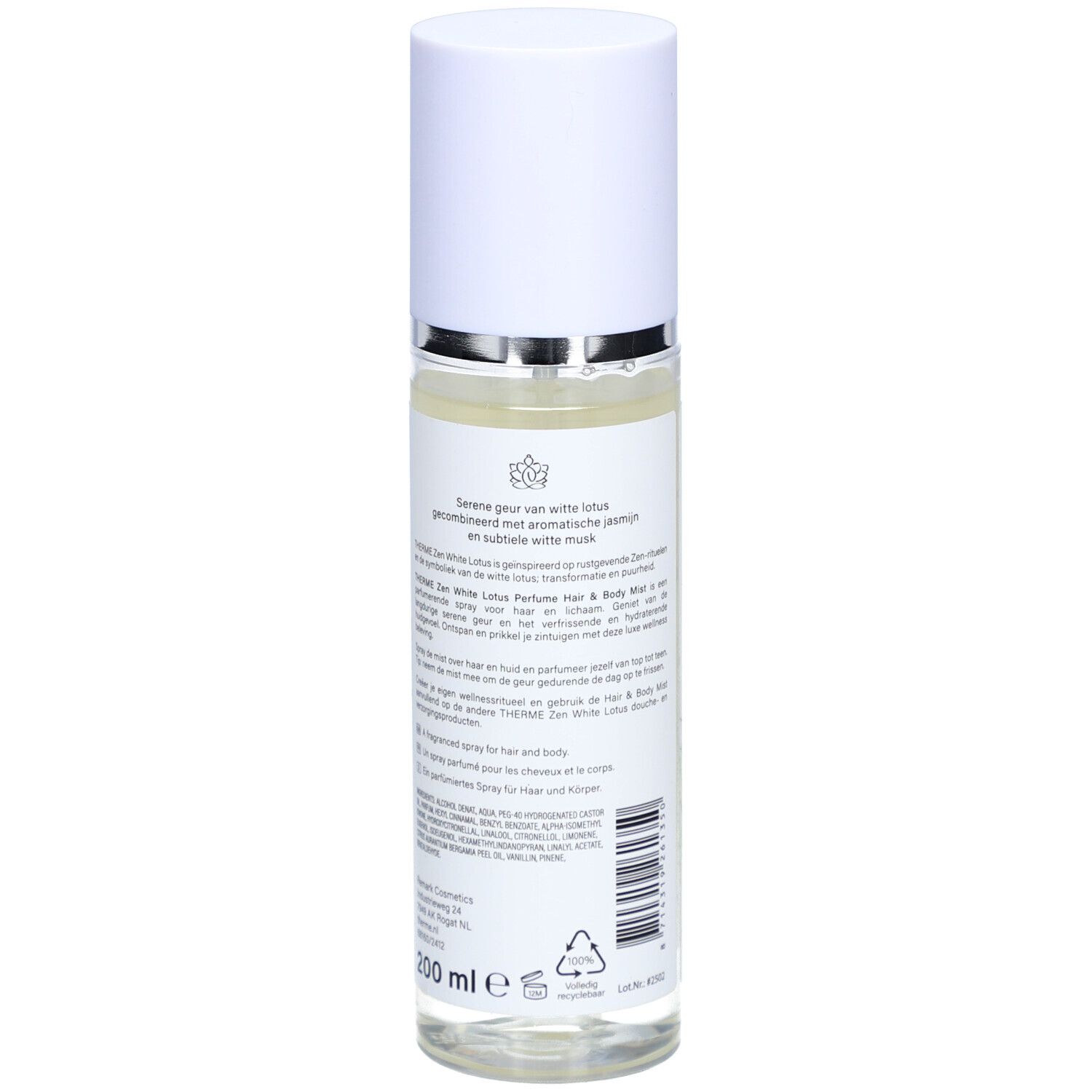 Rückseite der Therme Zen White Lotus Nebel-Flasche. Textinformationen und Barcode. Weiße Flasche mit weißem Deckel.