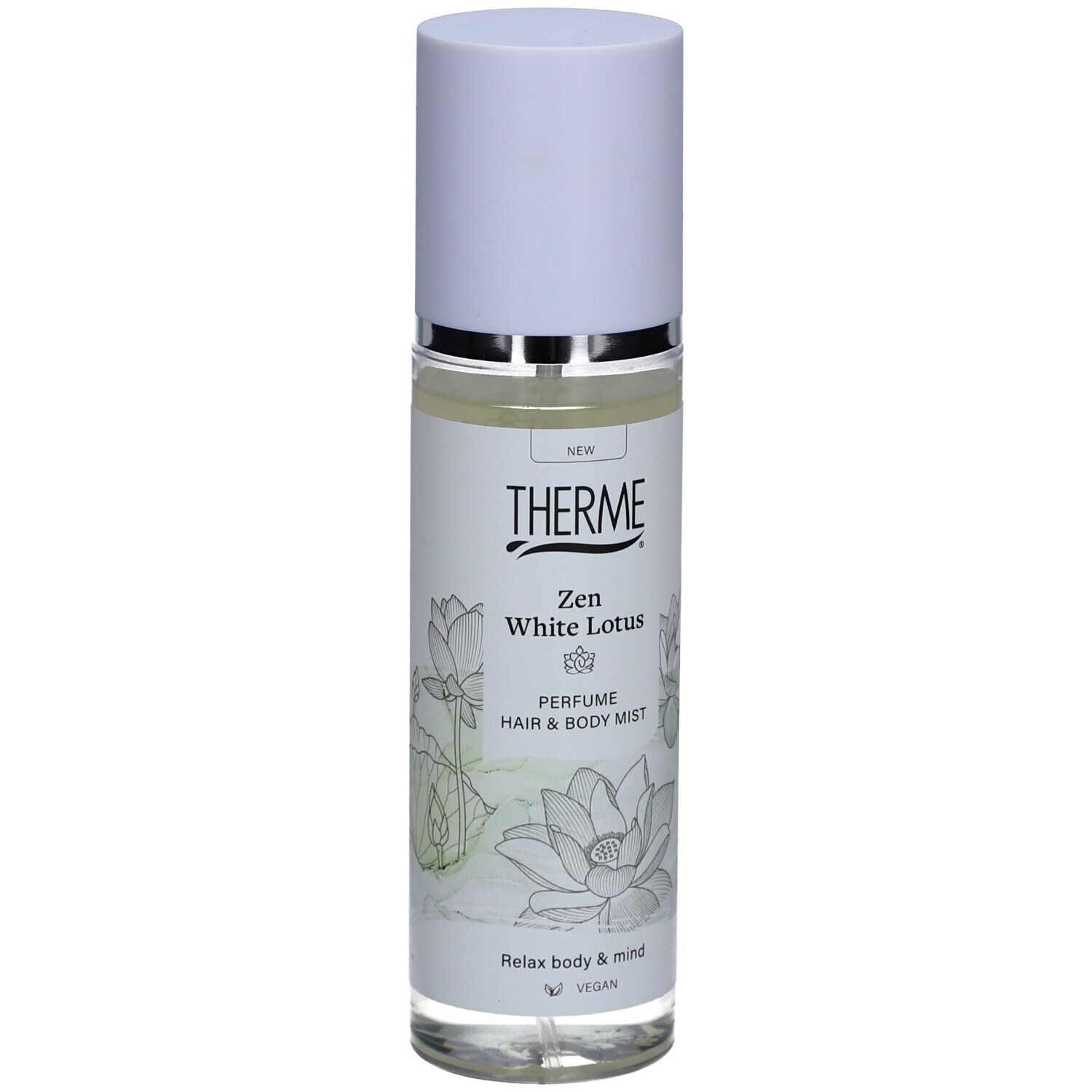 Therme Zen White Lotus Nebel für Haar & Körper. Weiße Flasche mit Sprühkopf. Logo und Produktname auf dem Etikett.