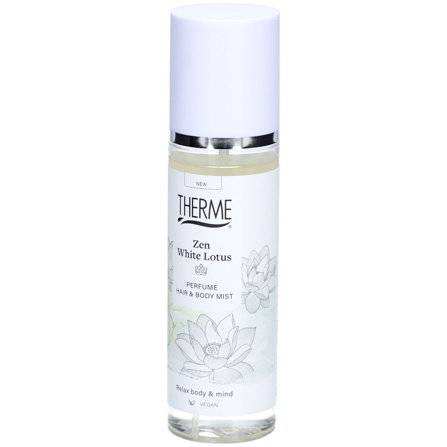 Therme Zen White Lotus Nebel für Haar & Körper. Weiße Flasche mit Sprühkopf. Logo und Produktname auf dem Etikett.