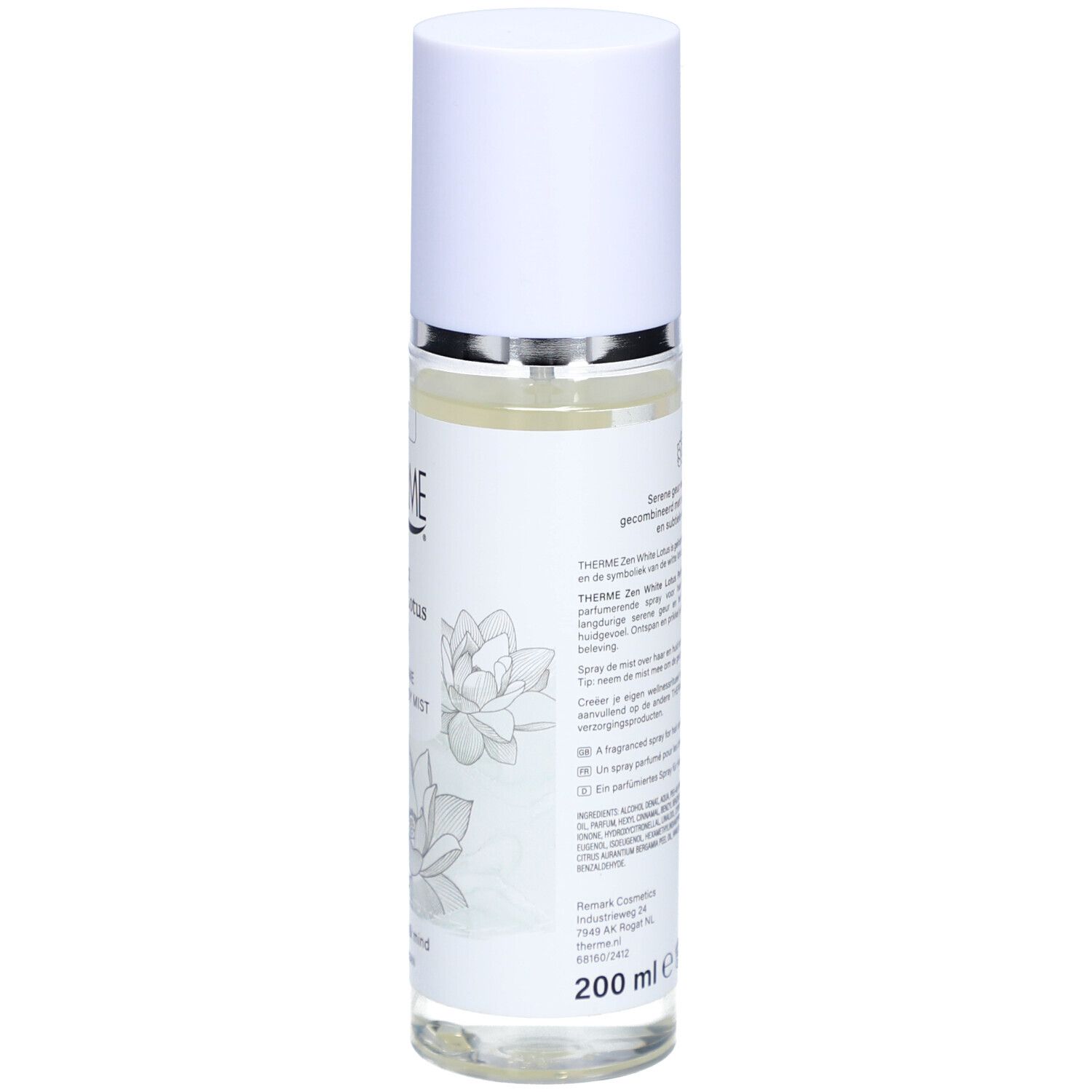 Rückseite der Therme Zen White Lotus Nebel-Flasche. Textinformationen und Barcode. Weiße Flasche mit weißem Deckel.