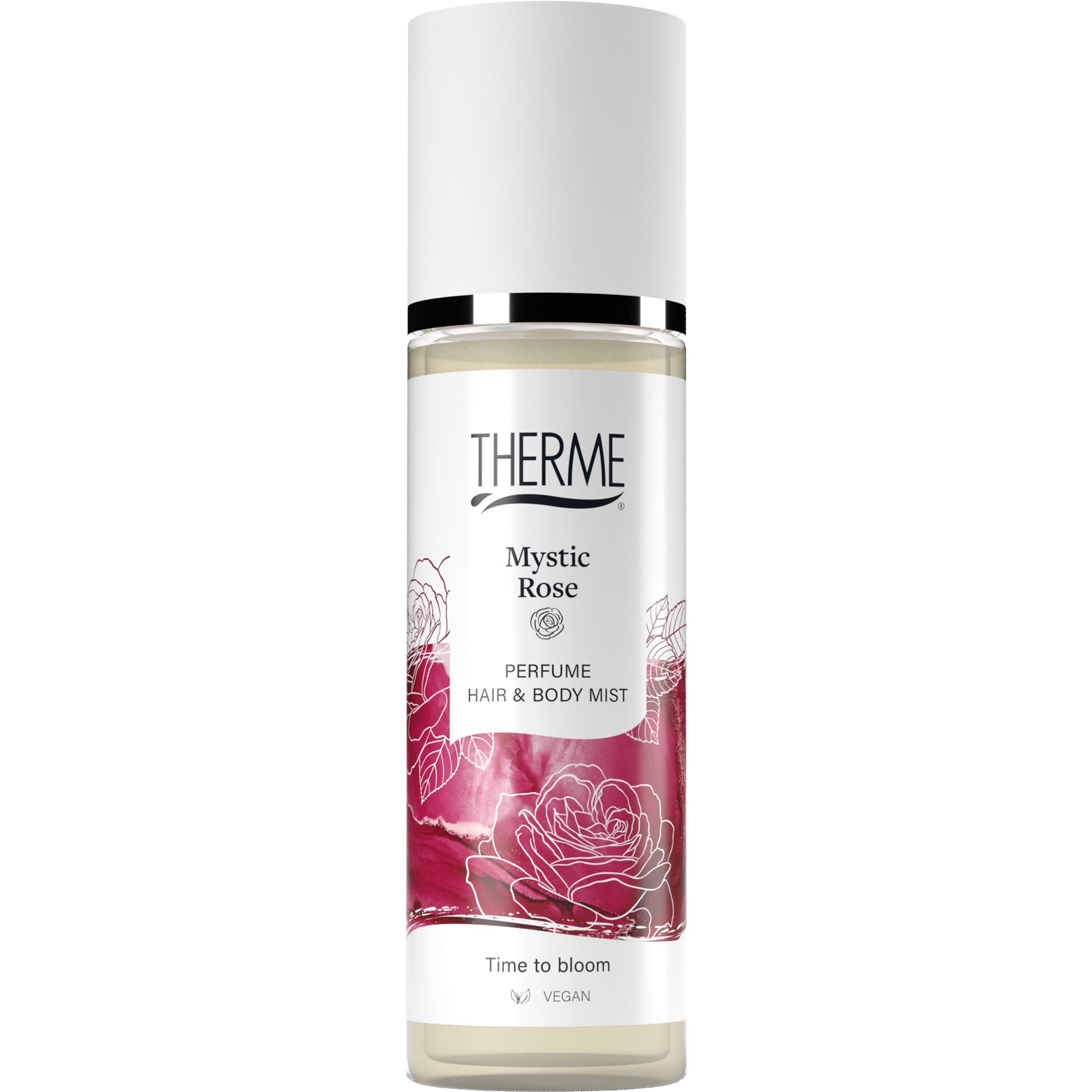 Therme Mystic Rose Parfum Nebel voor haar en lichaam. Witte fles met spray, etiket met rozenmotief.