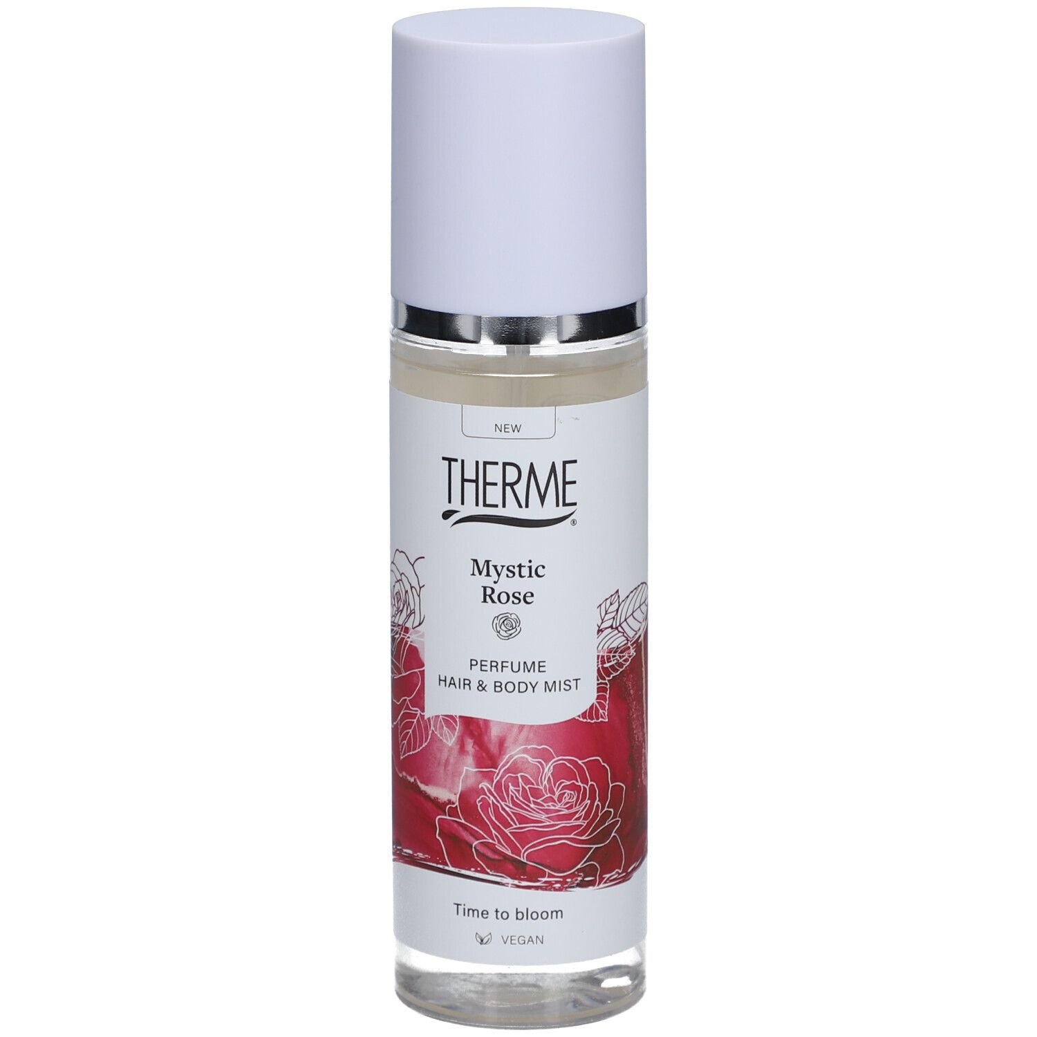 Therme Mystic Rose Parfum Nebel pour cheveux et corps. Bouteille blanche avec vaporisateur, étiquette avec motif de roses.