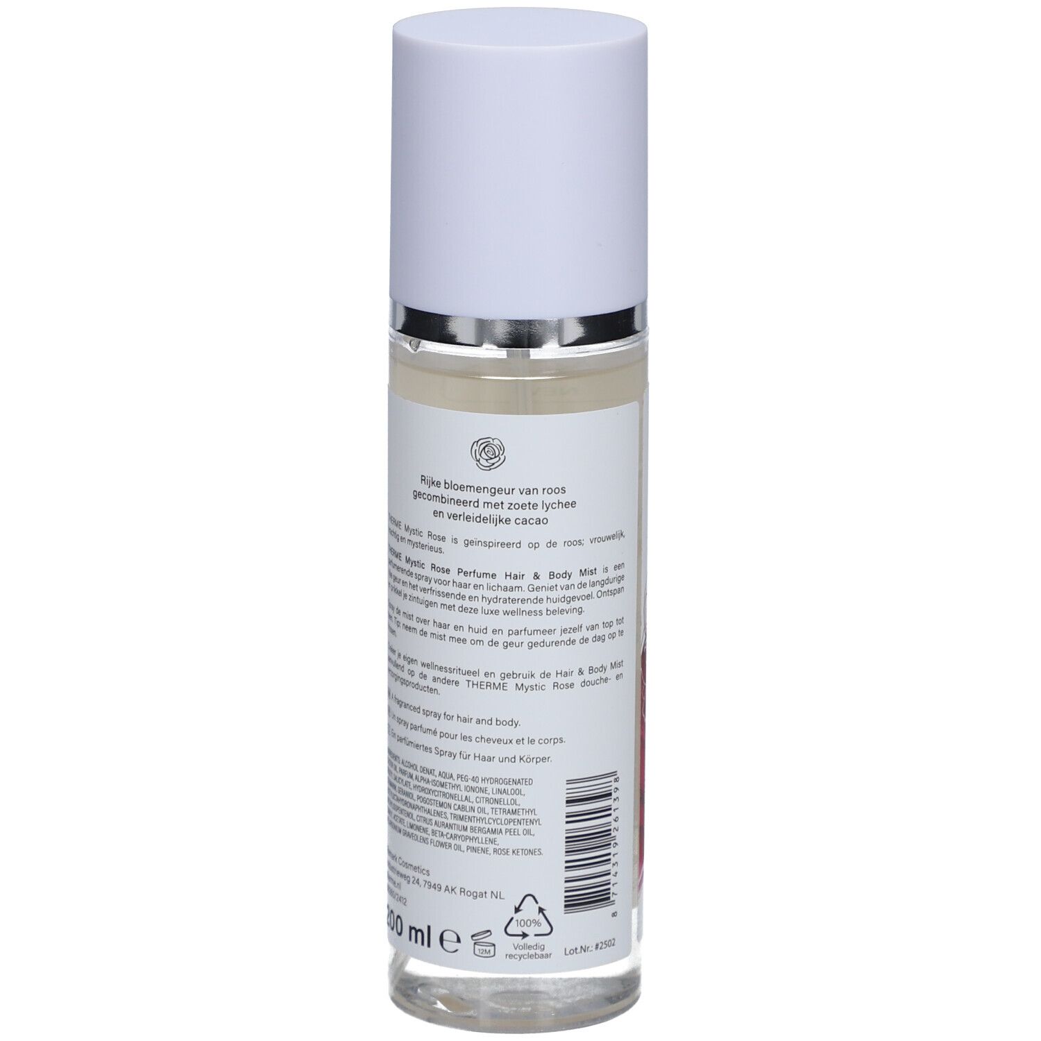 Therme Mystic Rose Parfum Nebel pour cheveux et corps. Vue arrière de la bouteille avec informations.