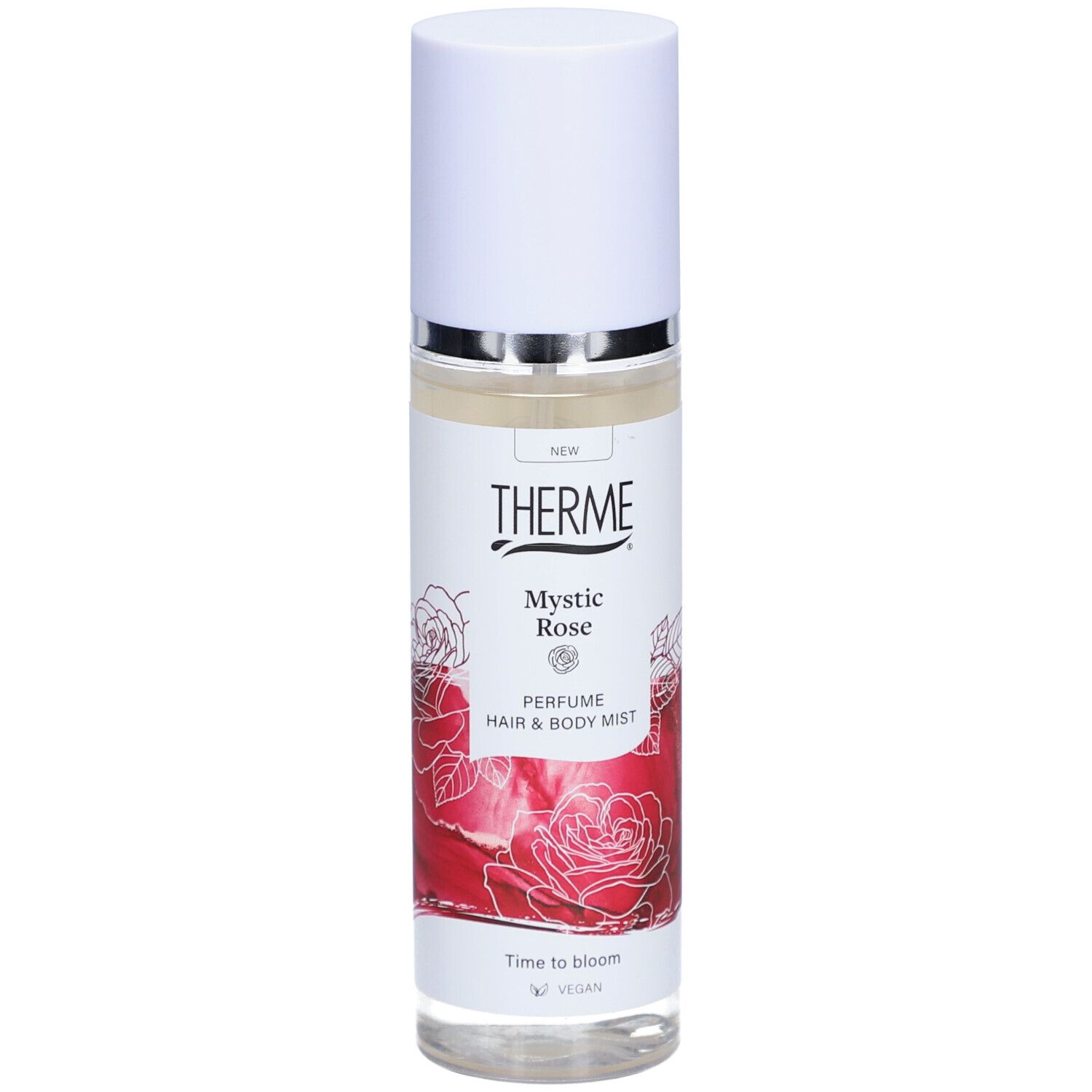 Therme Mystic Rose Parfum Nebel pour cheveux et corps. Bouteille blanche avec vaporisateur, étiquette avec motif de roses.