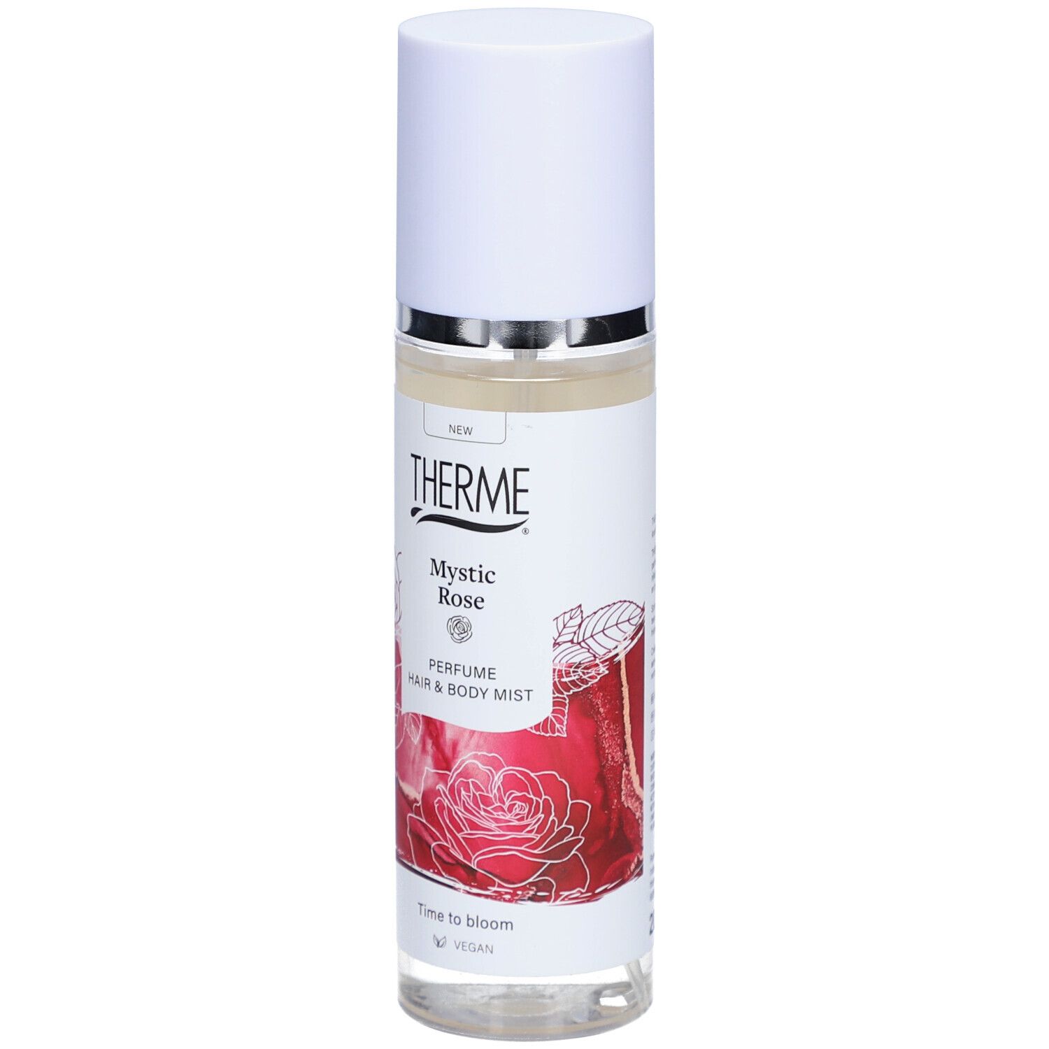 Therme Mystic Rose Parfum Nebel pour cheveux et corps. Bouteille blanche avec vaporisateur, étiquette avec motif de roses.