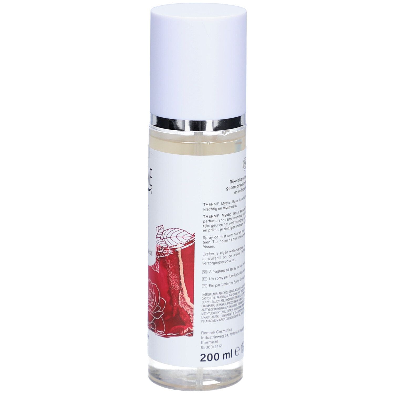 Therme Mystic Rose Parfum Nebel pour cheveux et corps. Vue arrière de la bouteille avec informations.